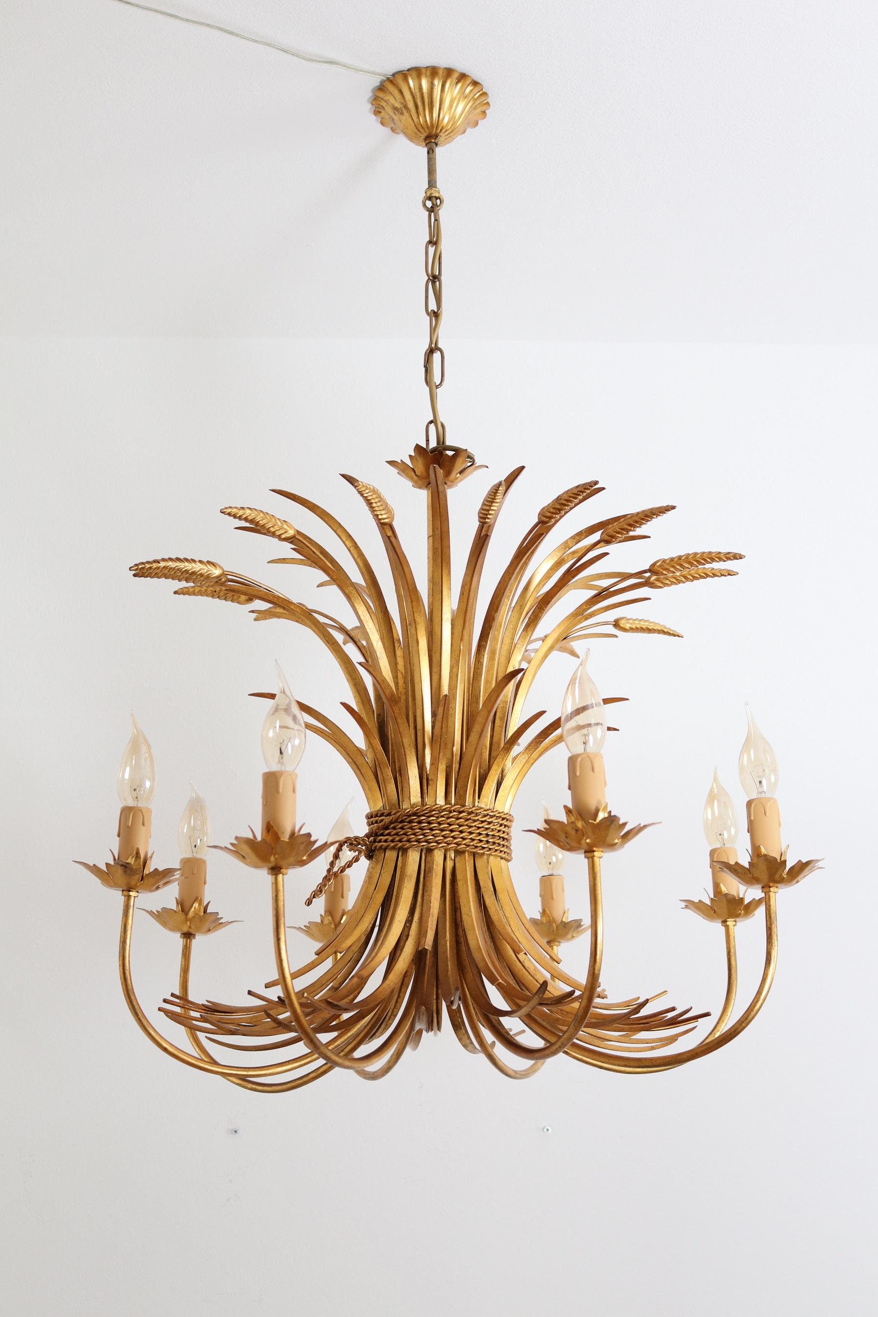 Italian Midcentury 8-Arm Gilt Chandelier with Wheat and Leaves, 1960s 9