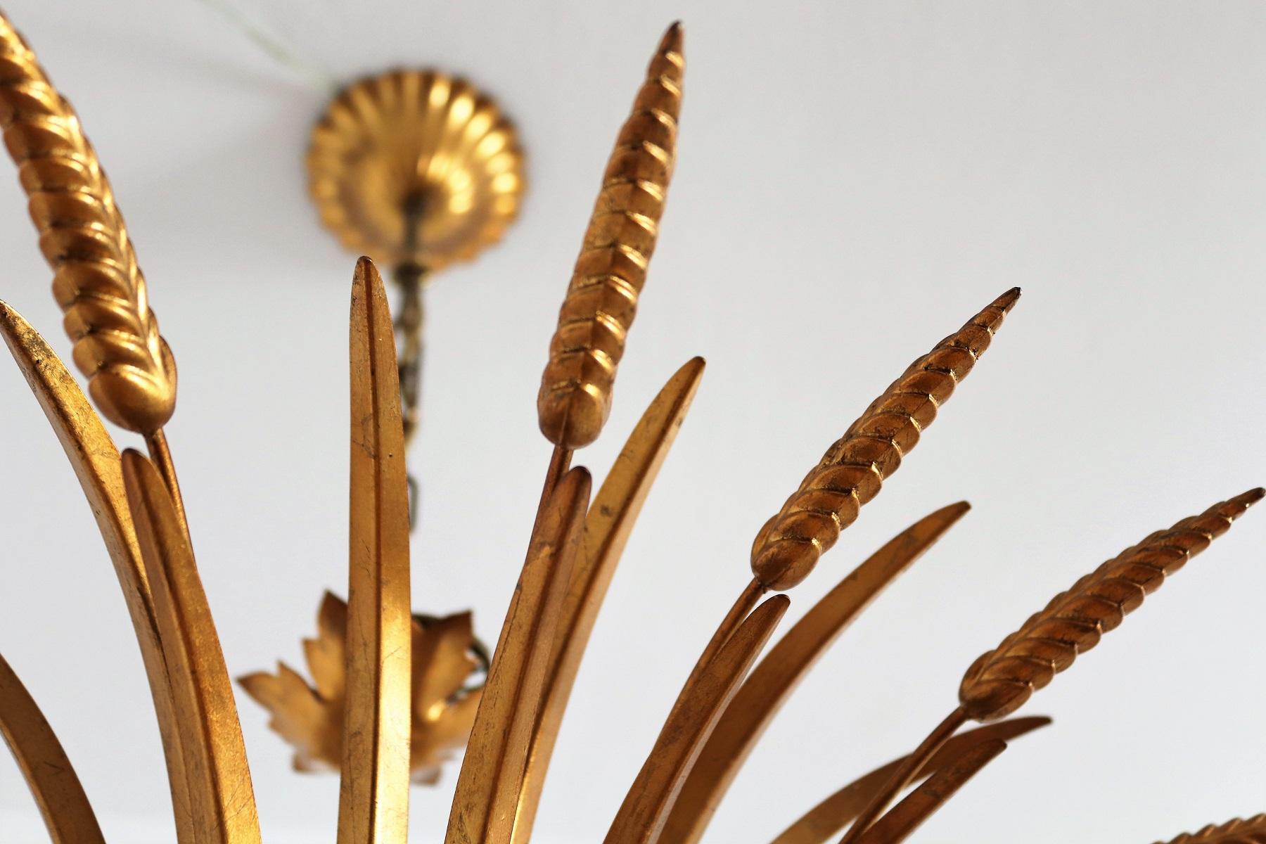 Italian Midcentury 8-Arm Gilt Chandelier with Wheat and Leaves, 1960s 10