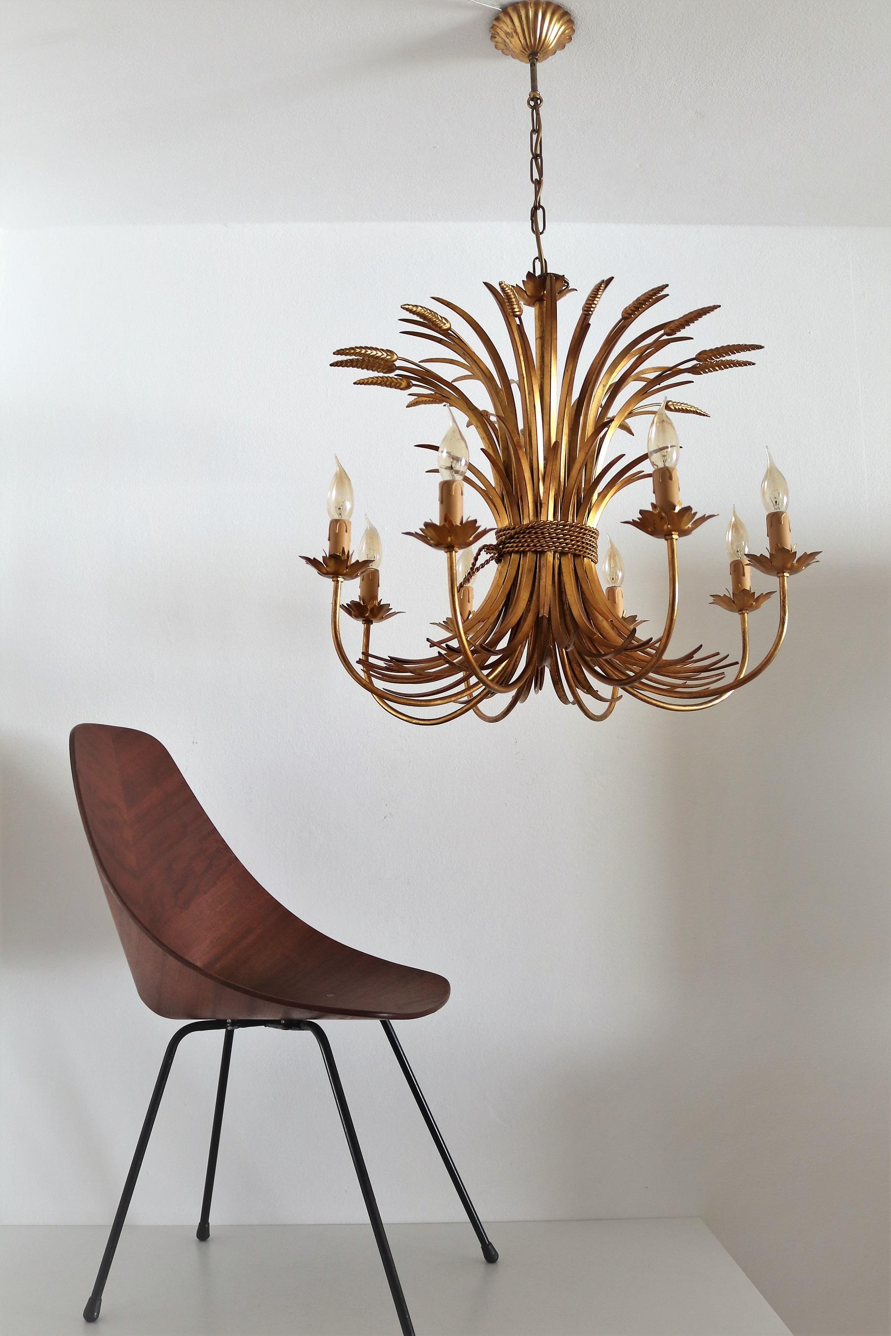 Mid-Century Modern Italian Midcentury 8-Arm Gilt Chandelier with Wheat and Leaves, 1960s