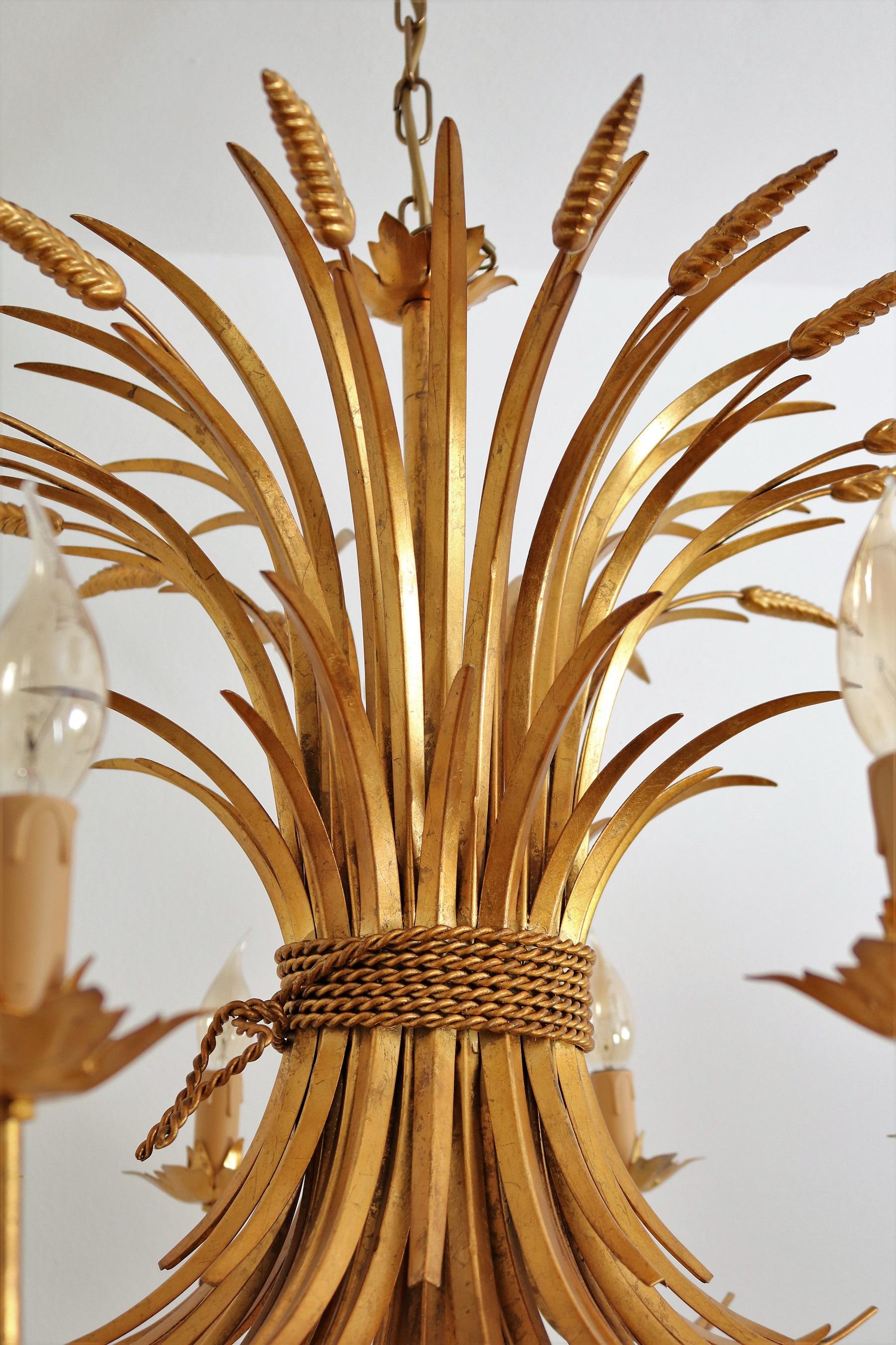 Mid-20th Century Italian Midcentury 8-Arm Gilt Chandelier with Wheat and Leaves, 1960s