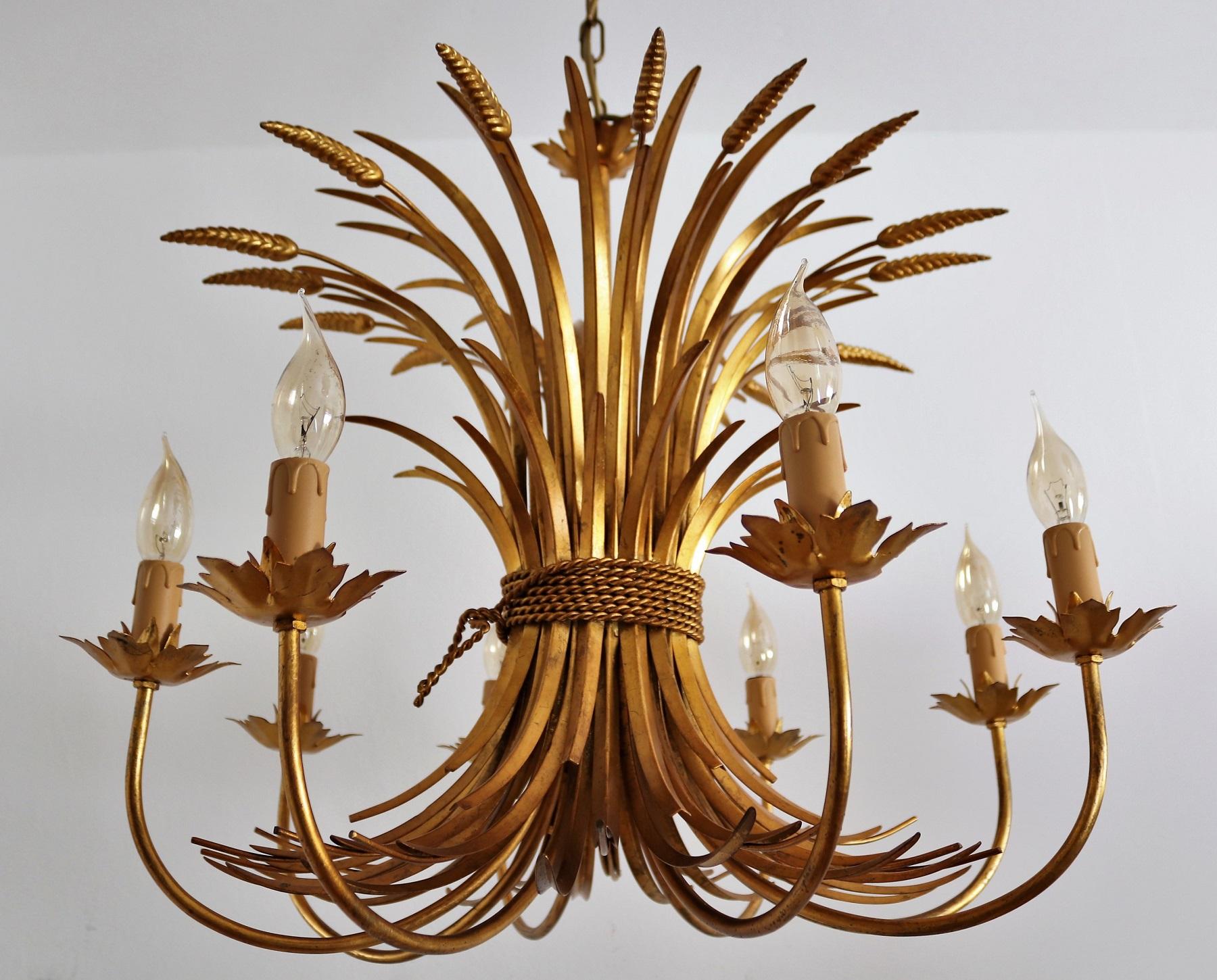 Metal Italian Midcentury 8-Arm Gilt Chandelier with Wheat and Leaves, 1960s