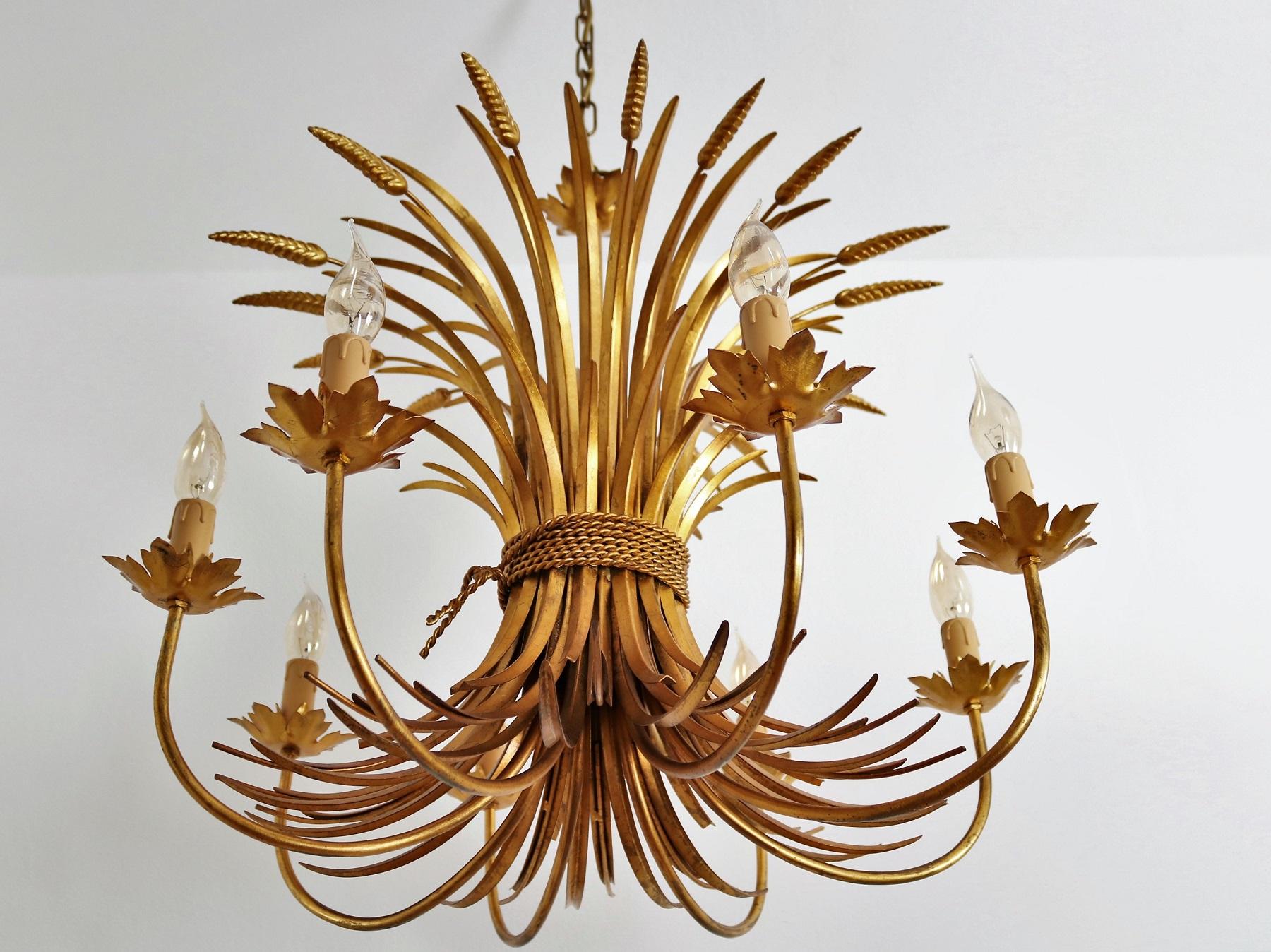 Italian Midcentury 8-Arm Gilt Chandelier with Wheat and Leaves, 1960s 1