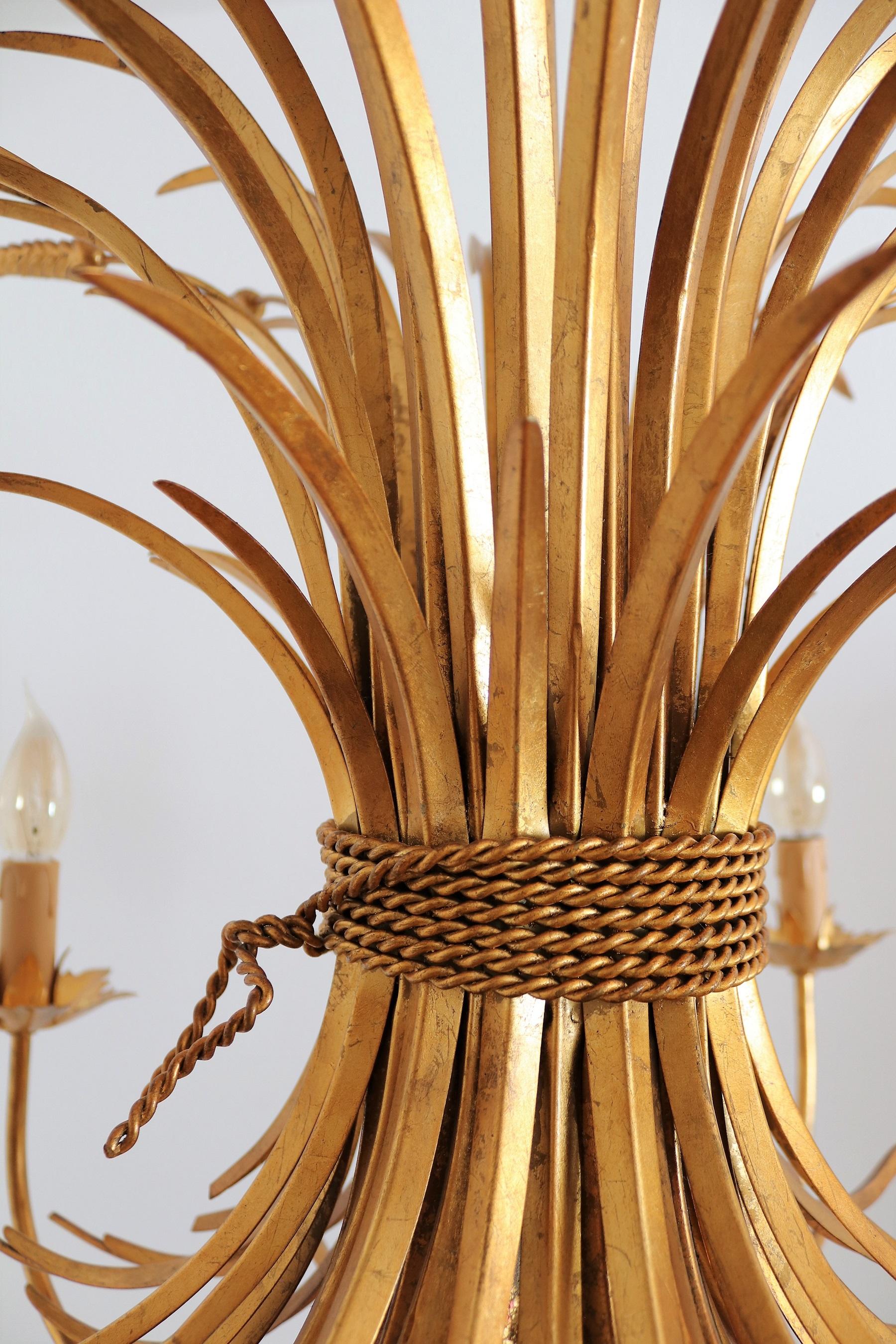 Italian Midcentury 8-Arm Gilt Chandelier with Wheat and Leaves, 1960s 2