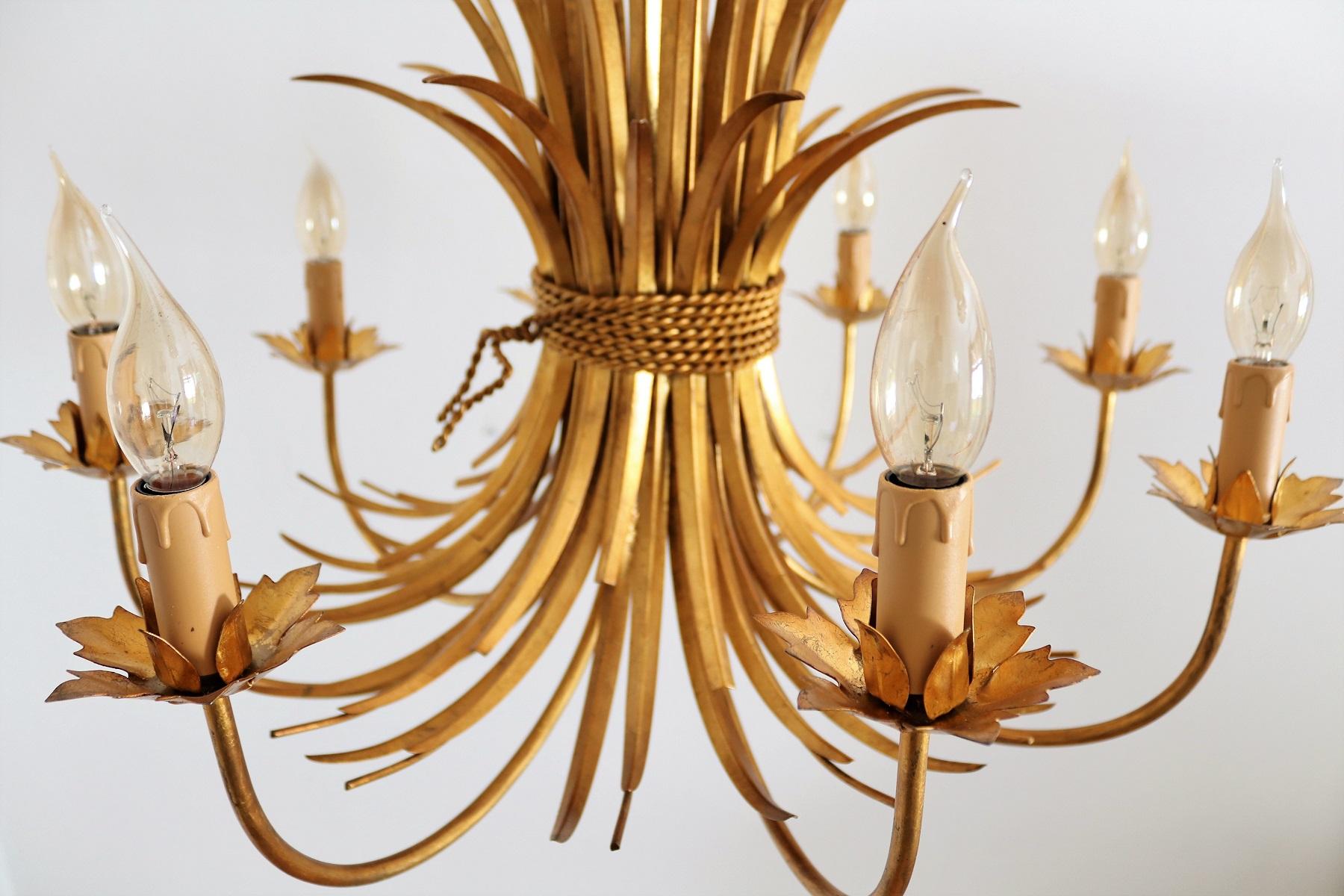 Italian Midcentury 8-Arm Gilt Chandelier with Wheat and Leaves, 1960s 3