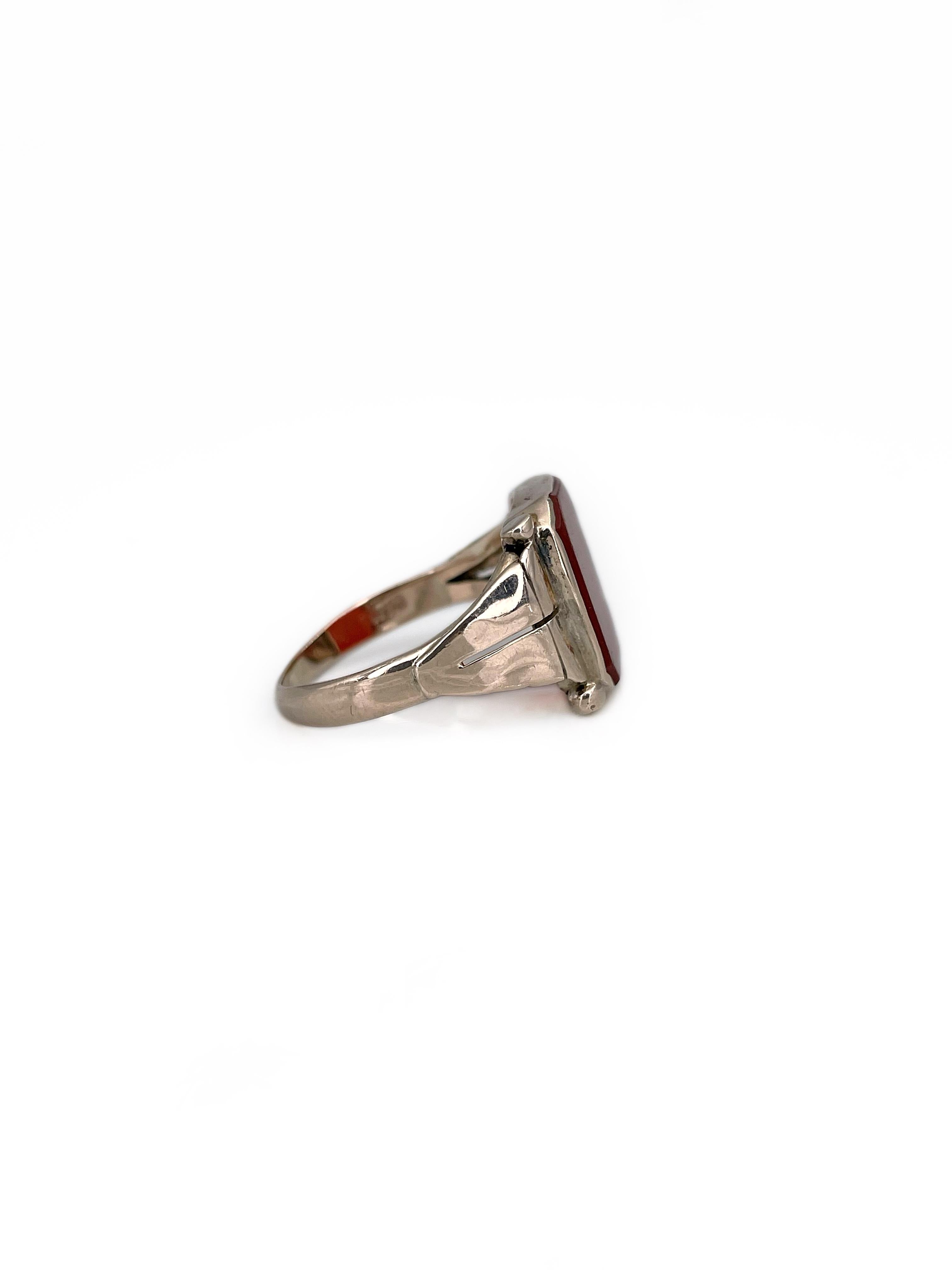 Square Cut Midcentury 9 Karat Gold Rectangle Carnelian Signet Ring