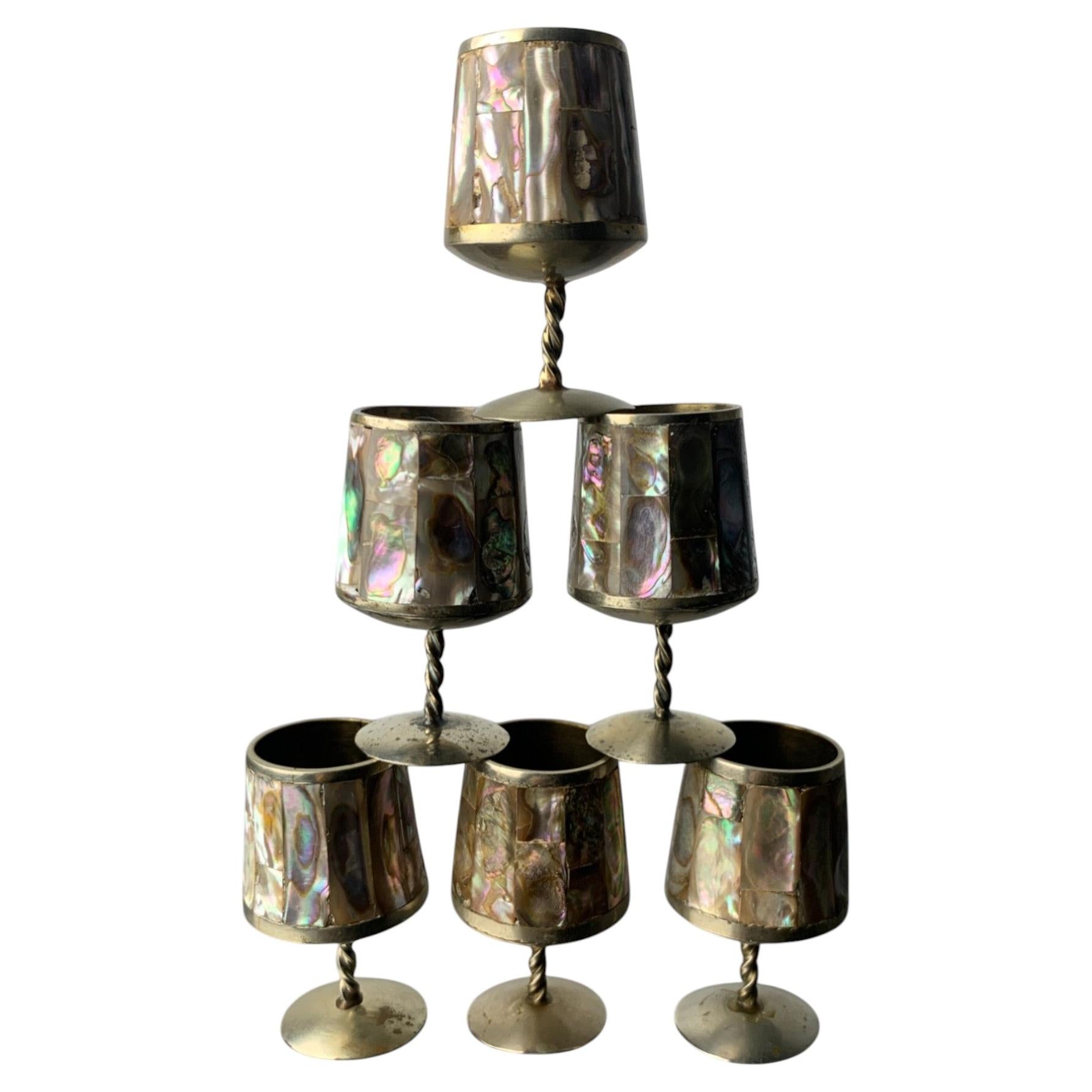 Midcentury Abalone Shell & Alpaca Shot Glasses, set of 6, Mexico, circa 1970's