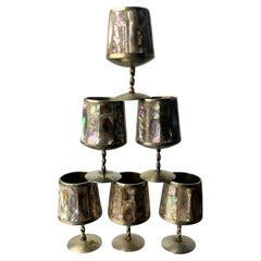 Midcentury Abalone Shell & Alpaca Shot Glasses, set of 6, Mexico, circa 1970's