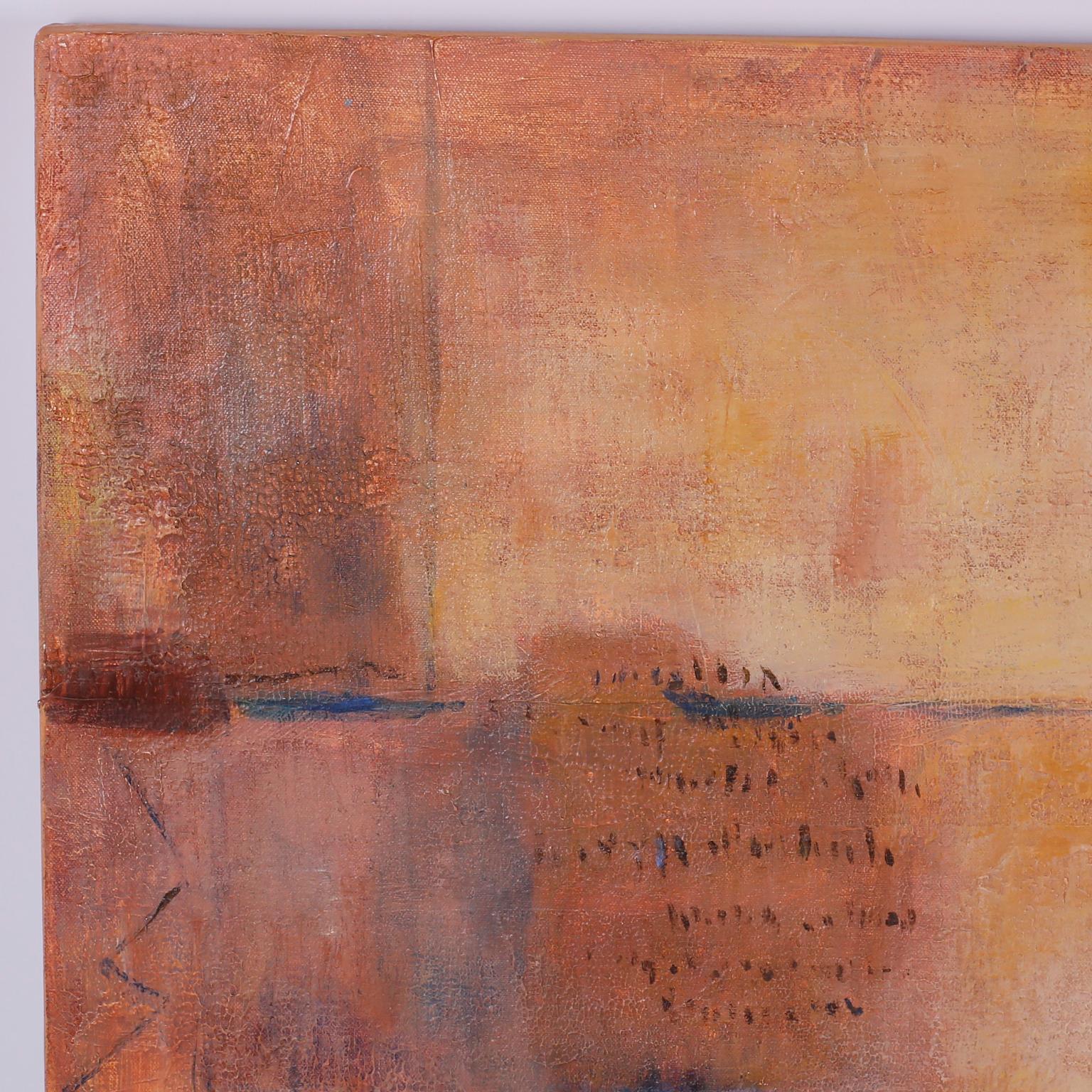 Evocative midcentury abstract acrylic painting on canvas with a dreamy warm palette and mysterious vague inscriptions.