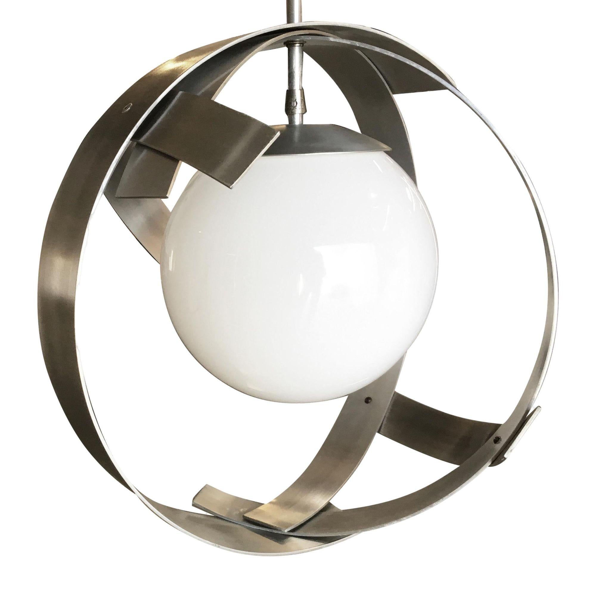 American Midcentury Abstract Aluminum Strip Ribbon Globe Chandelier For Sale