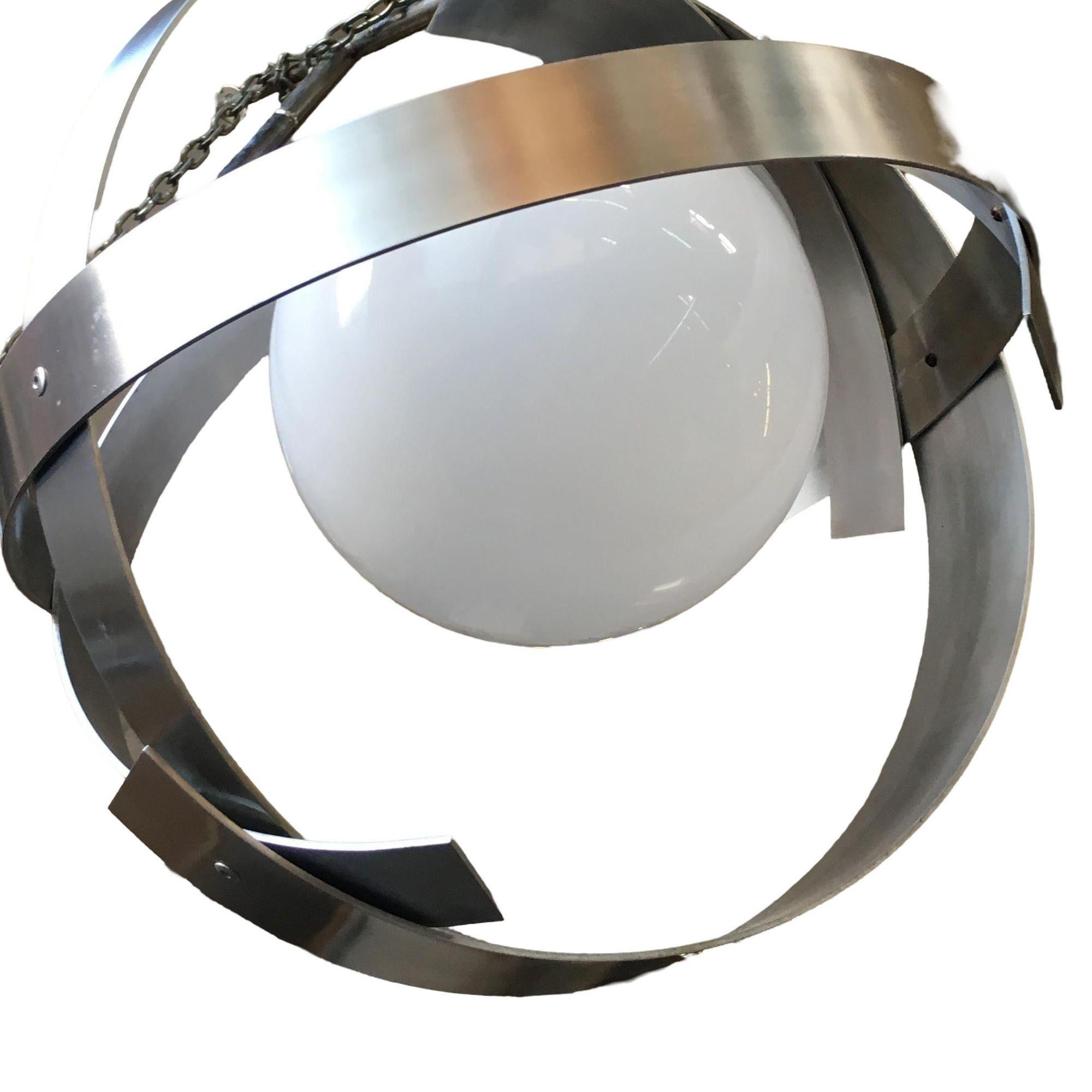 Midcentury Abstract Aluminum Strip Ribbon Globe Chandelier For Sale 1