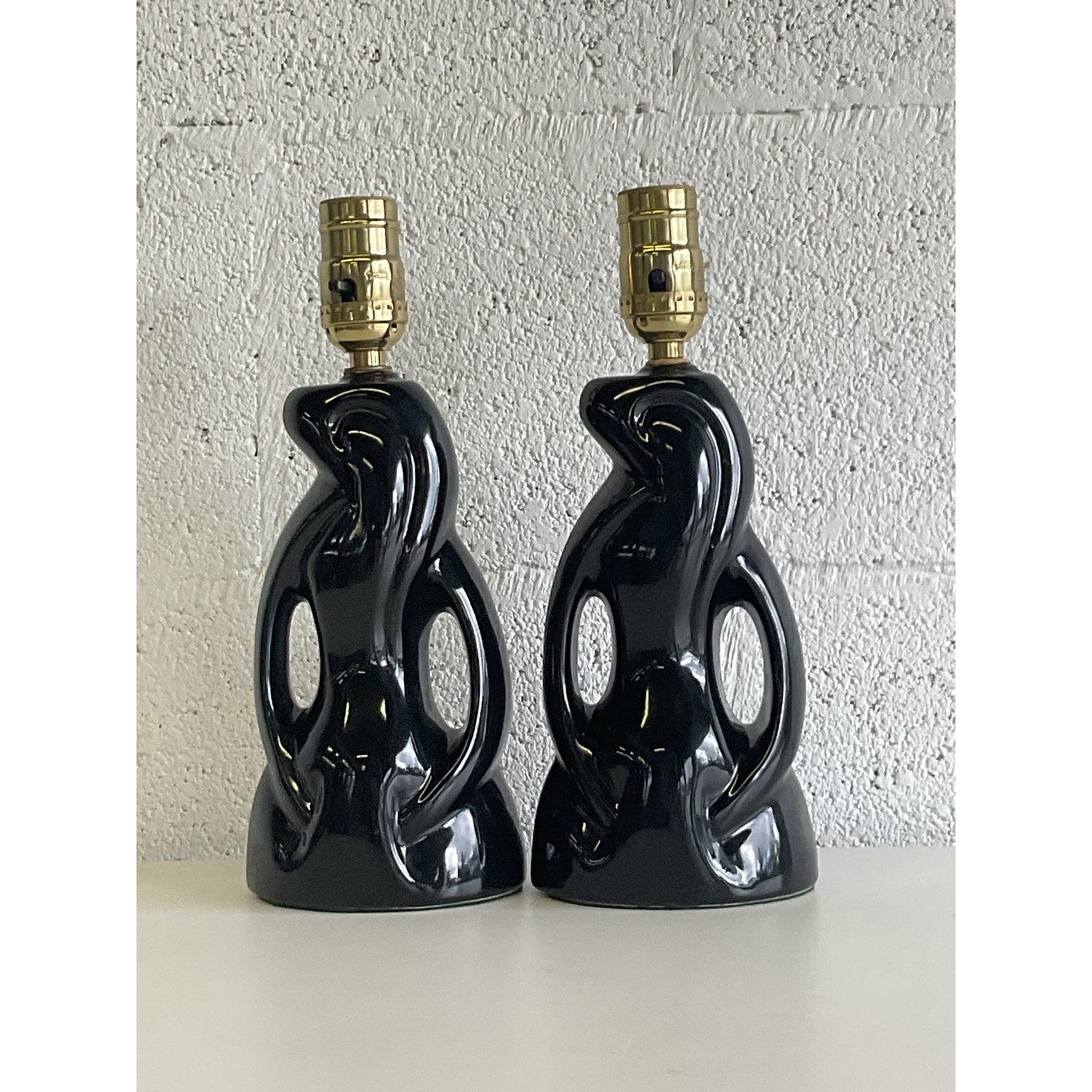 North American Midcentury Abstract Black Glazed Ceramic Boudoir Lamps - A Pair For Sale