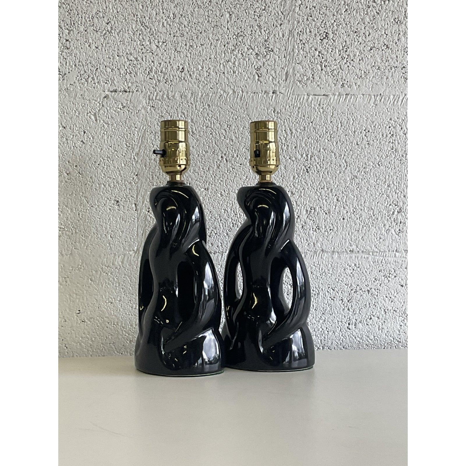 Midcentury Abstract Black Glazed Ceramic Boudoir Lamps - A Pair In Good Condition For Sale In west palm beach, FL