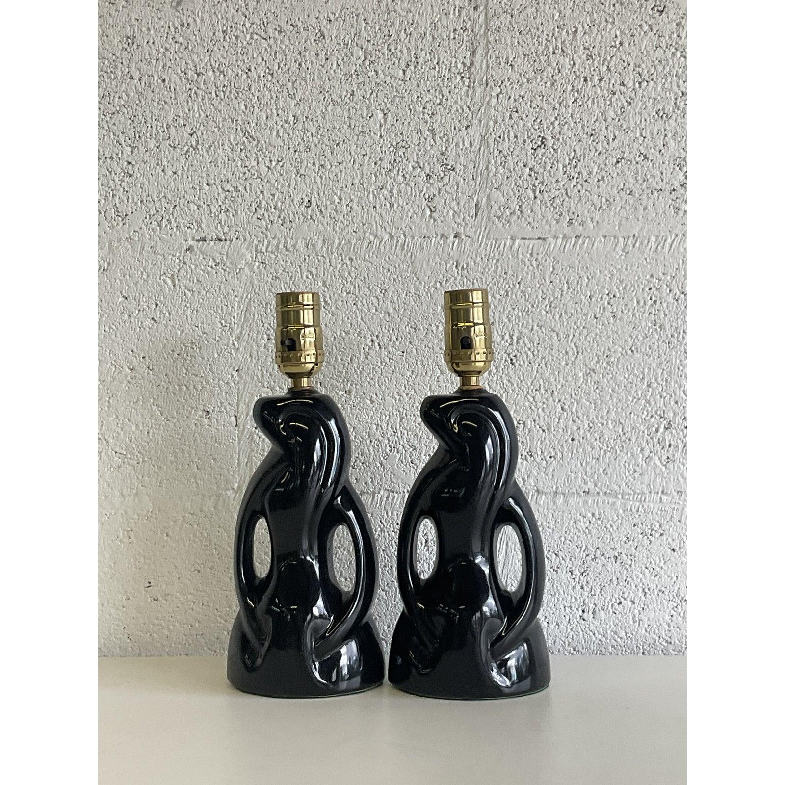 20th Century Midcentury Abstract Black Glazed Ceramic Boudoir Lamps - A Pair For Sale