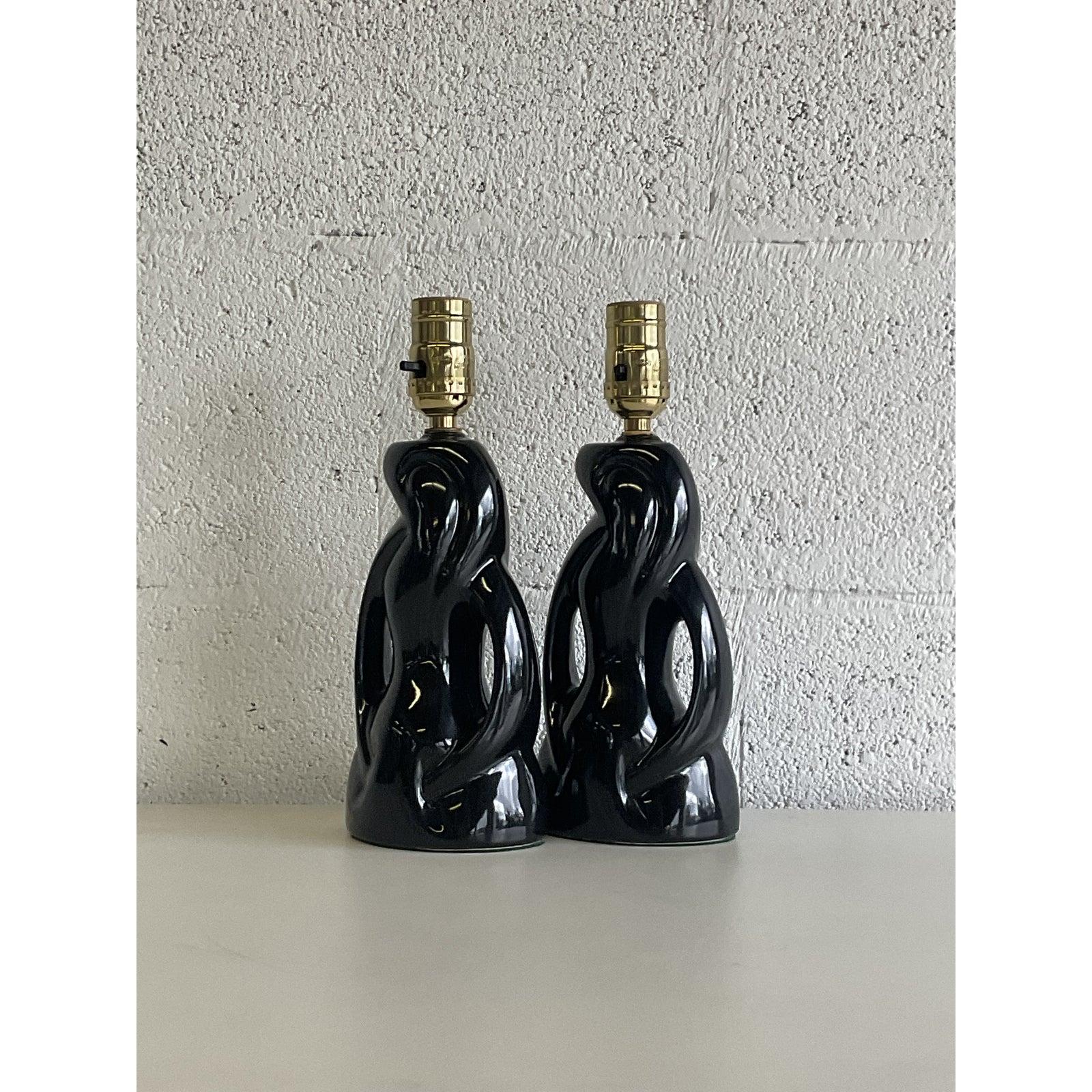 Midcentury Abstract Black Glazed Ceramic Boudoir Lamps - A Pair For Sale 2