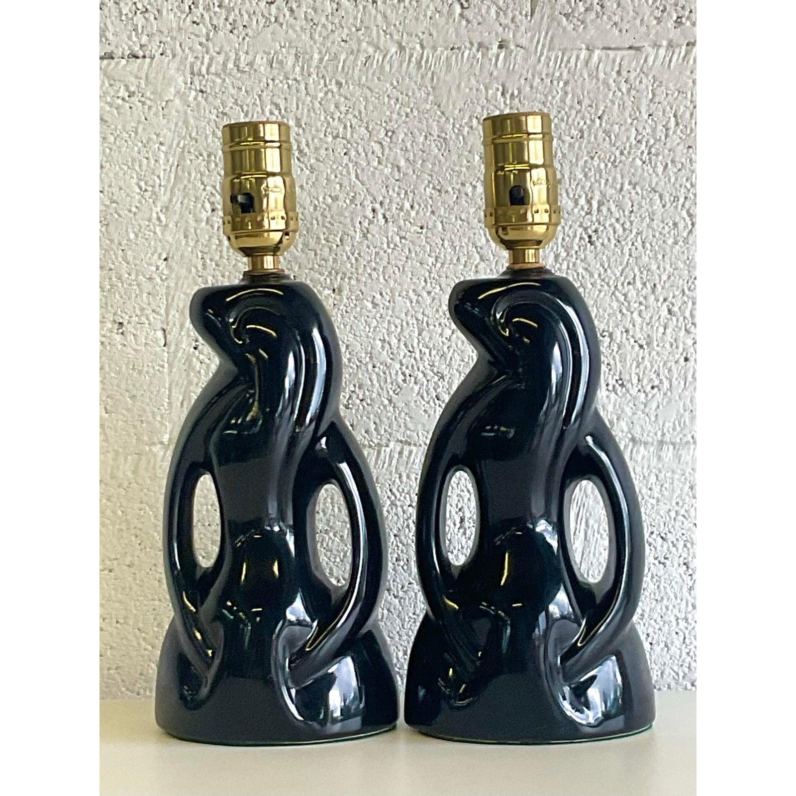 Midcentury Abstract Black Glazed Ceramic Boudoir Lamps - A Pair For Sale 3
