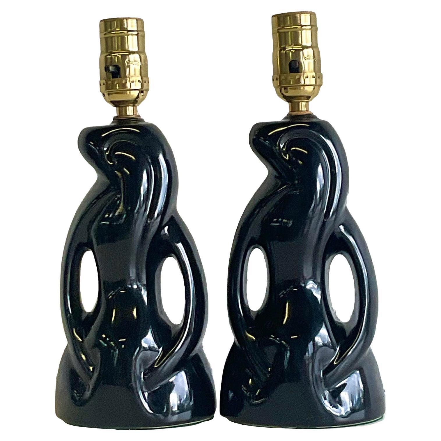 Midcentury Abstract Black Glazed Ceramic Boudoir Lamps - A Pair For Sale