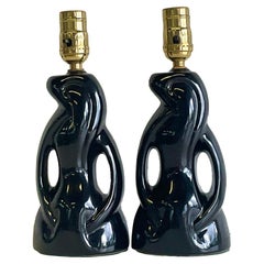 Vintage Midcentury Abstract Black Glazed Ceramic Boudoir Lamps - A Pair