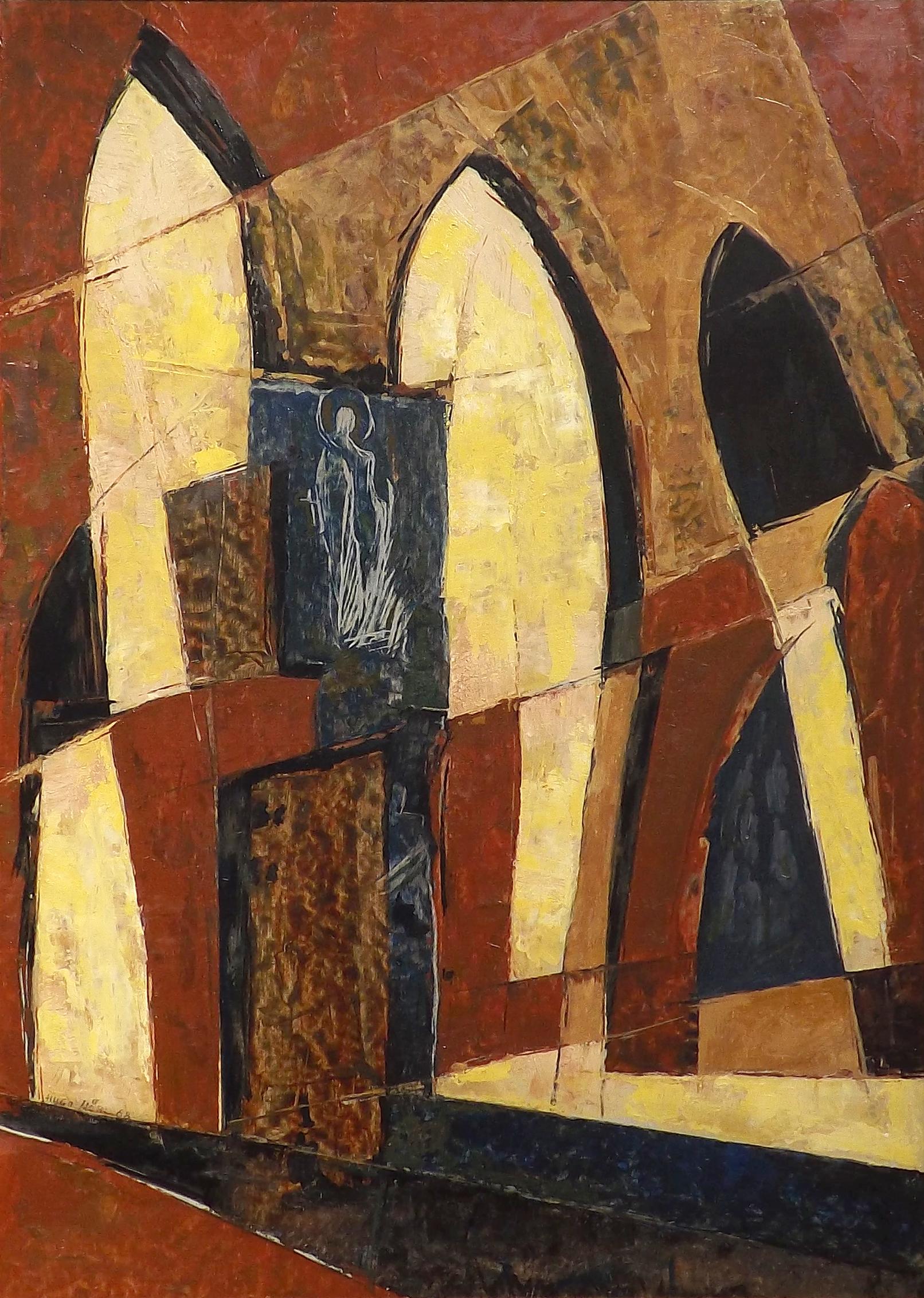 A stunning and colorful abstract view of the interior of a church, envisioned by the German artist Hugo Mohl. High arches reminiscent of stain glass windows surround iconic church statuary. Born in 1893 in Dusseldorf, Germany and graduated from the