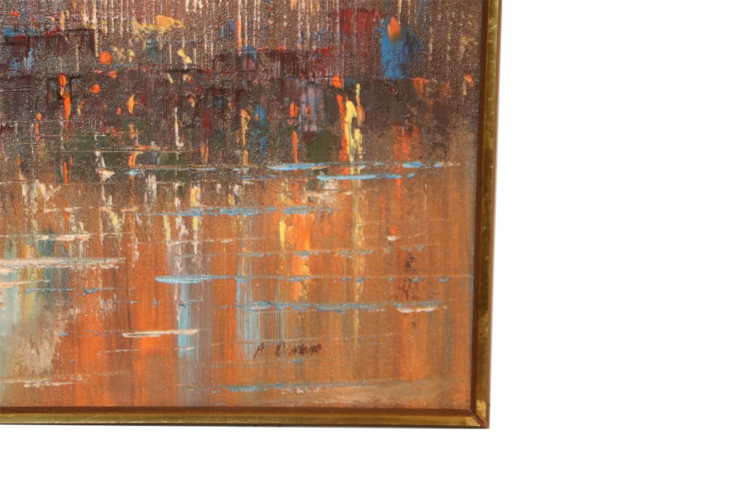 Il s'agit d'une magnifique peinture abstraite sur toile, sans titre, encadrée, représentant un paysage urbain, signée (en bas à droite). Une célébration de belles couleurs mélangées avec des tons riches d'orange et de brun avec des accents de bleu,