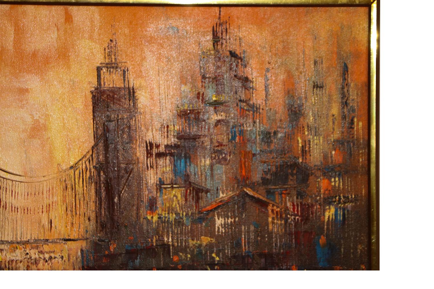 Fin du 20e siècle Peinture abstraite du milieu du siècle sur le pont d'un paysage urbain
