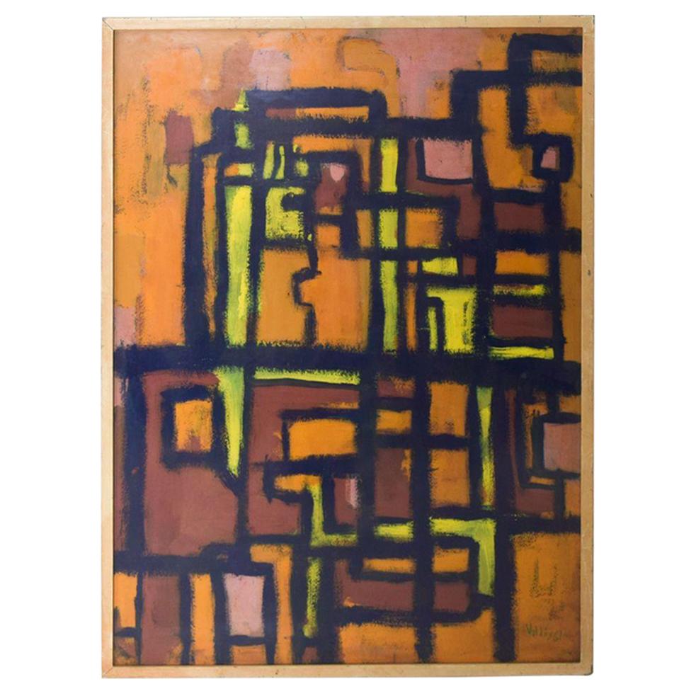  1961 Modern Abstract Painting Cubist Art Orange & Black Valdes Spain