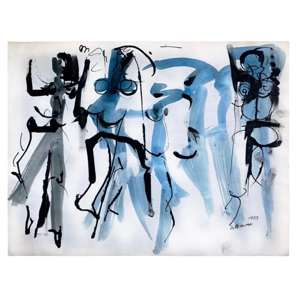 Disegno a inchiostro su carta di Salvatore Grippi, espressionista astratto di metà secolo, 1953