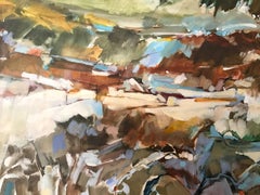 Paysage abstrait du milieu du siècle Peinture à l'huile originale signée B. Levin