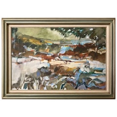 Midcentury Abstract Landscape Original Signed Oil Painting B. Levin