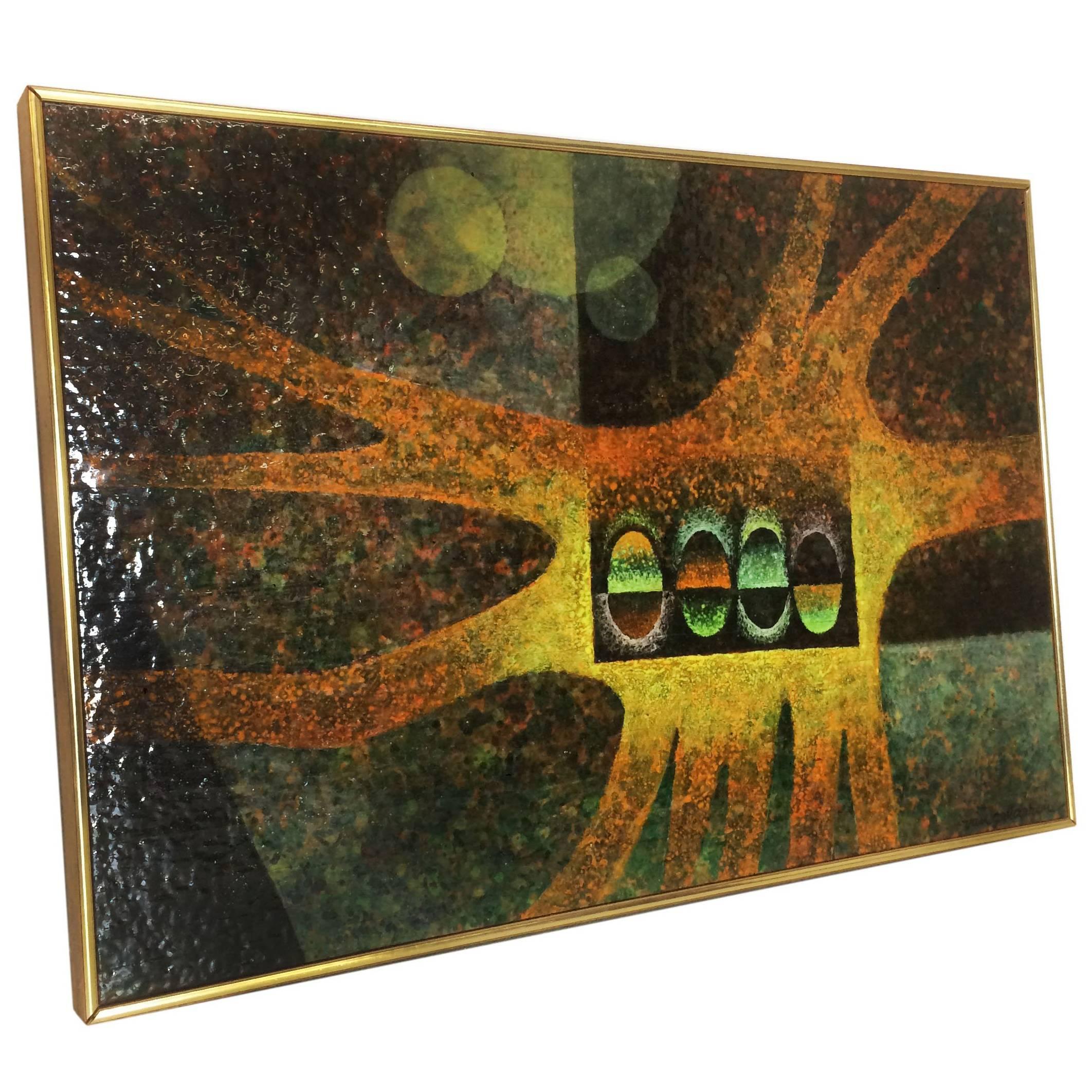 Midcentury Abstract Oil on Board Painting by Van Gelderen For Sale