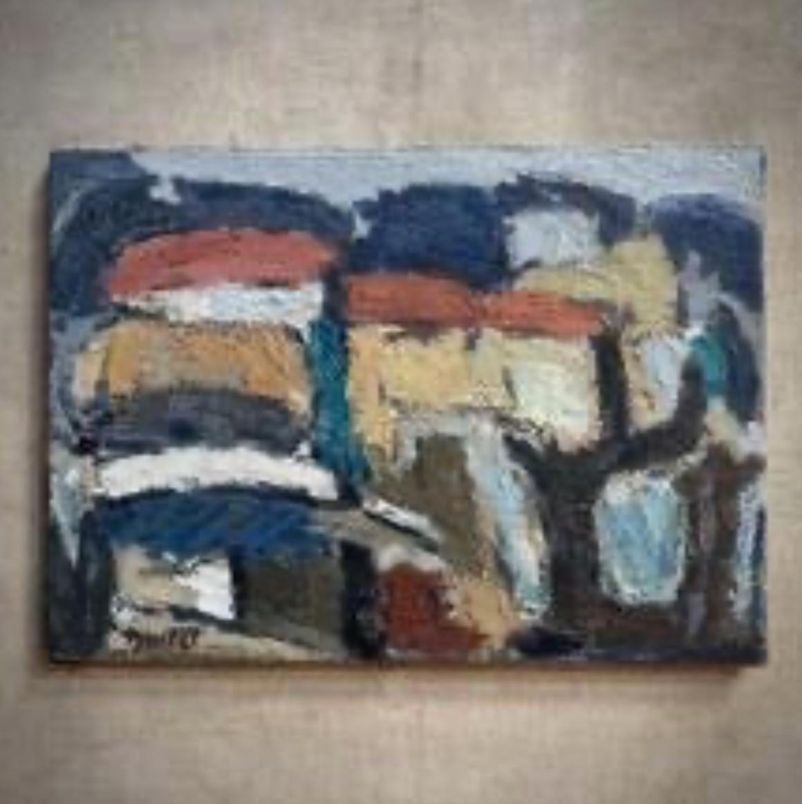 Peinture à l'huile abstraite sur toile signée par le peintre moderniste français Marcel Ducret. Faiblement évocatrice d'un paysage, la peinture est audacieuse, graphique et texturée, avec une utilisation expressive de la technique de l'empâtement.