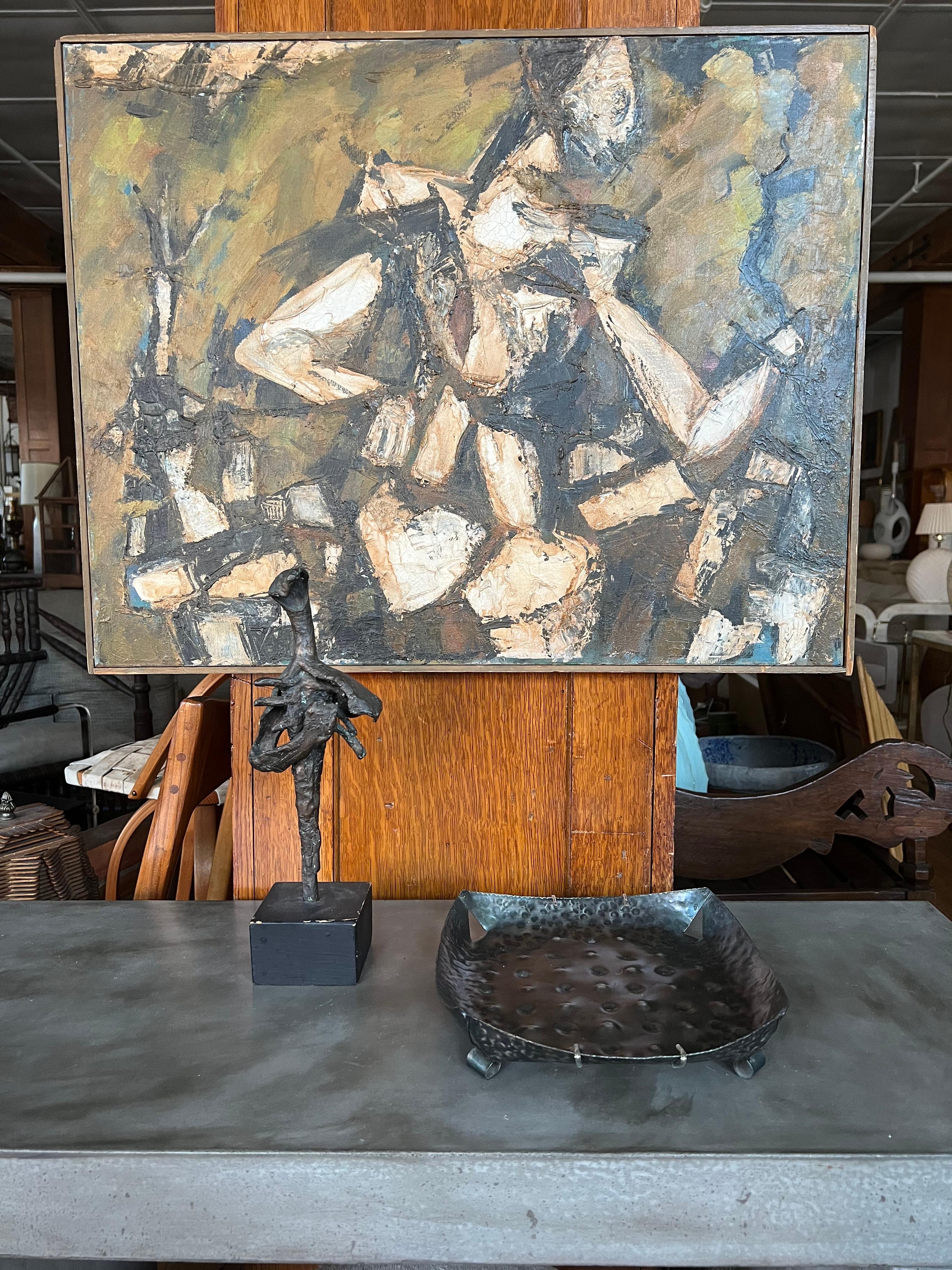 Peinture à l'huile abstraite du milieu du siècle encadrée dans un cadre simple en bois.
