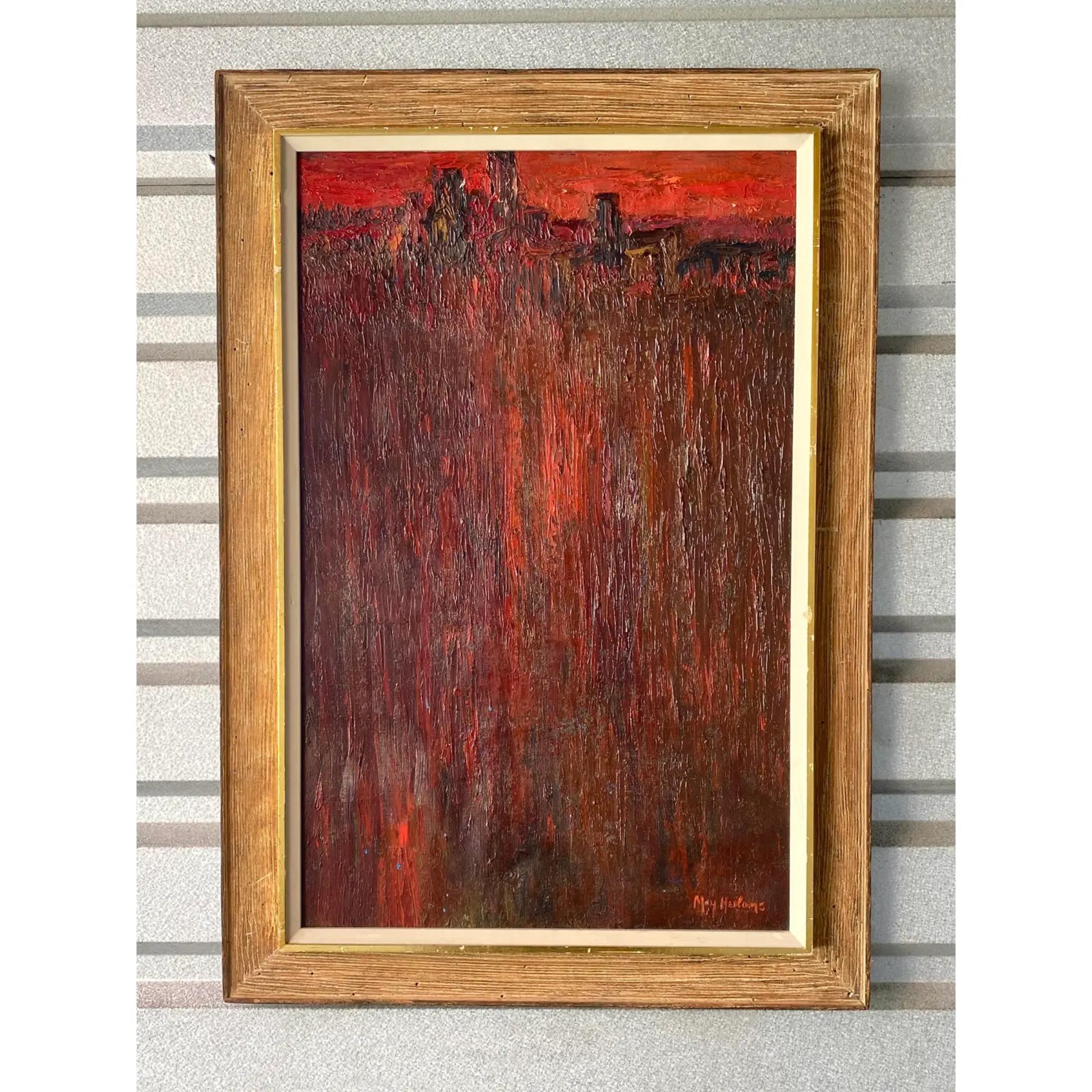 Gorgeous Midcentury original oil painting. Signed by the artist May Heiloms. Gorgeous abstract of a city skyline in deep reds and maroons. Signed in the bottom right. Acquired from a Miami estate.