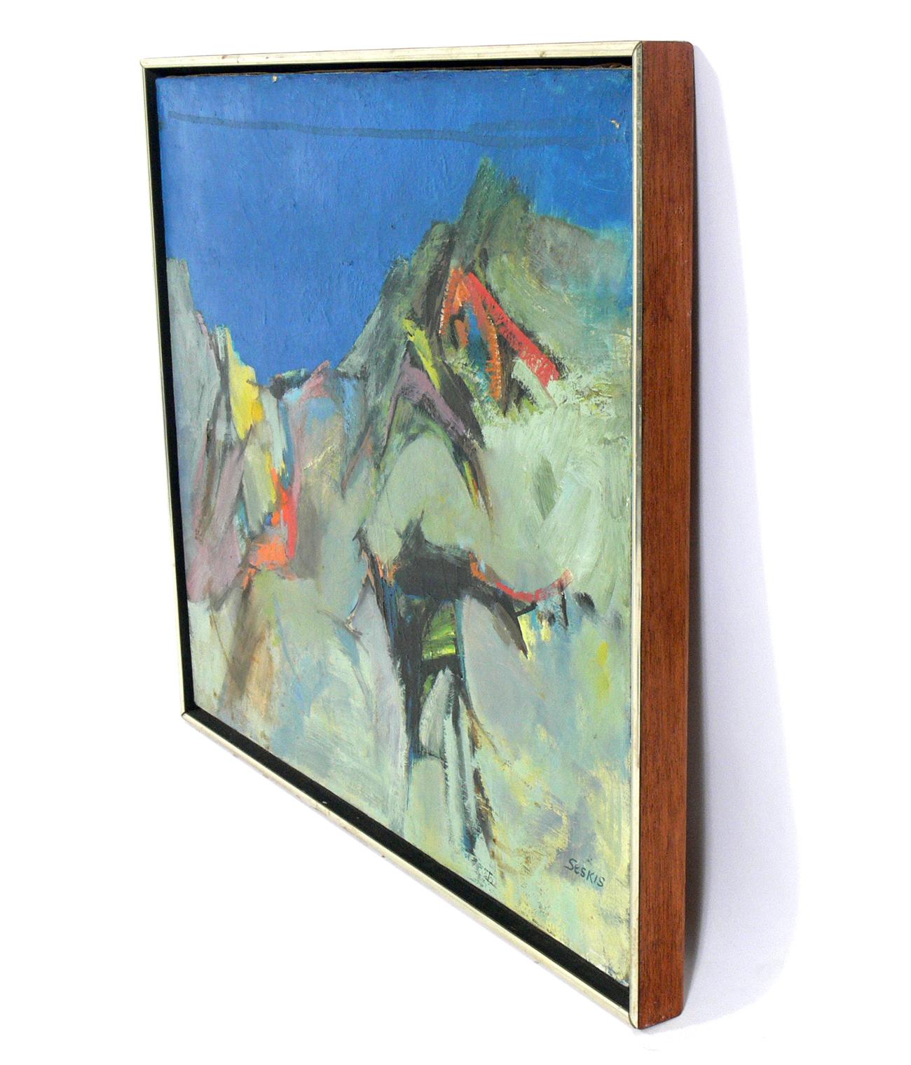 Midcentury abstract painting, American, circa 1960s. This painting is signed 