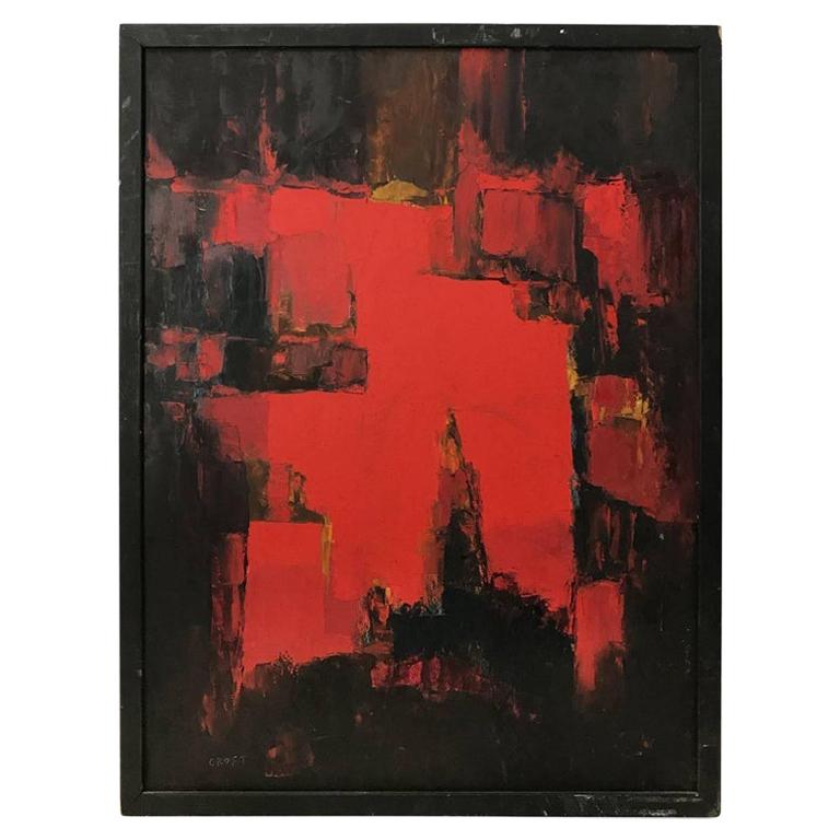 Midcentury Abstract Painting in Black, Red and Ochre For Sale