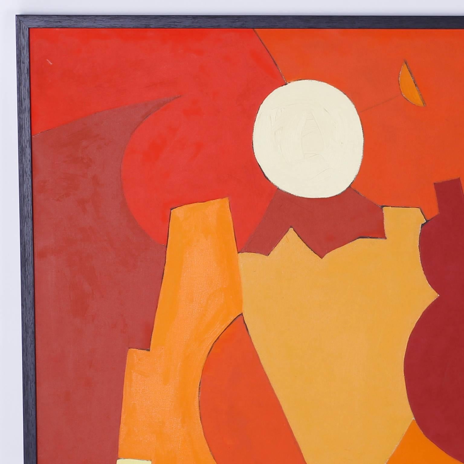 Abstract oil painting on canvas that expresses itself with familiar
shapes in a striking, provocative palette. Signed and dated 1967 by the
noted artist Arnold Weber in the lower left.