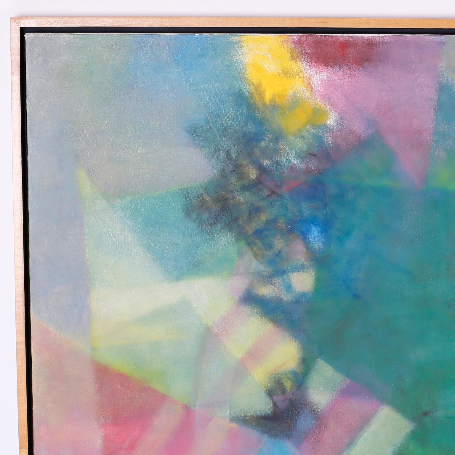 Midcentury oil painting on canvas that glorifies geometric forms with a plush subtle colorful palette that is easy to appreciate and difficult to forget. Signed on the back, Sam Demb, 1977 and titled 