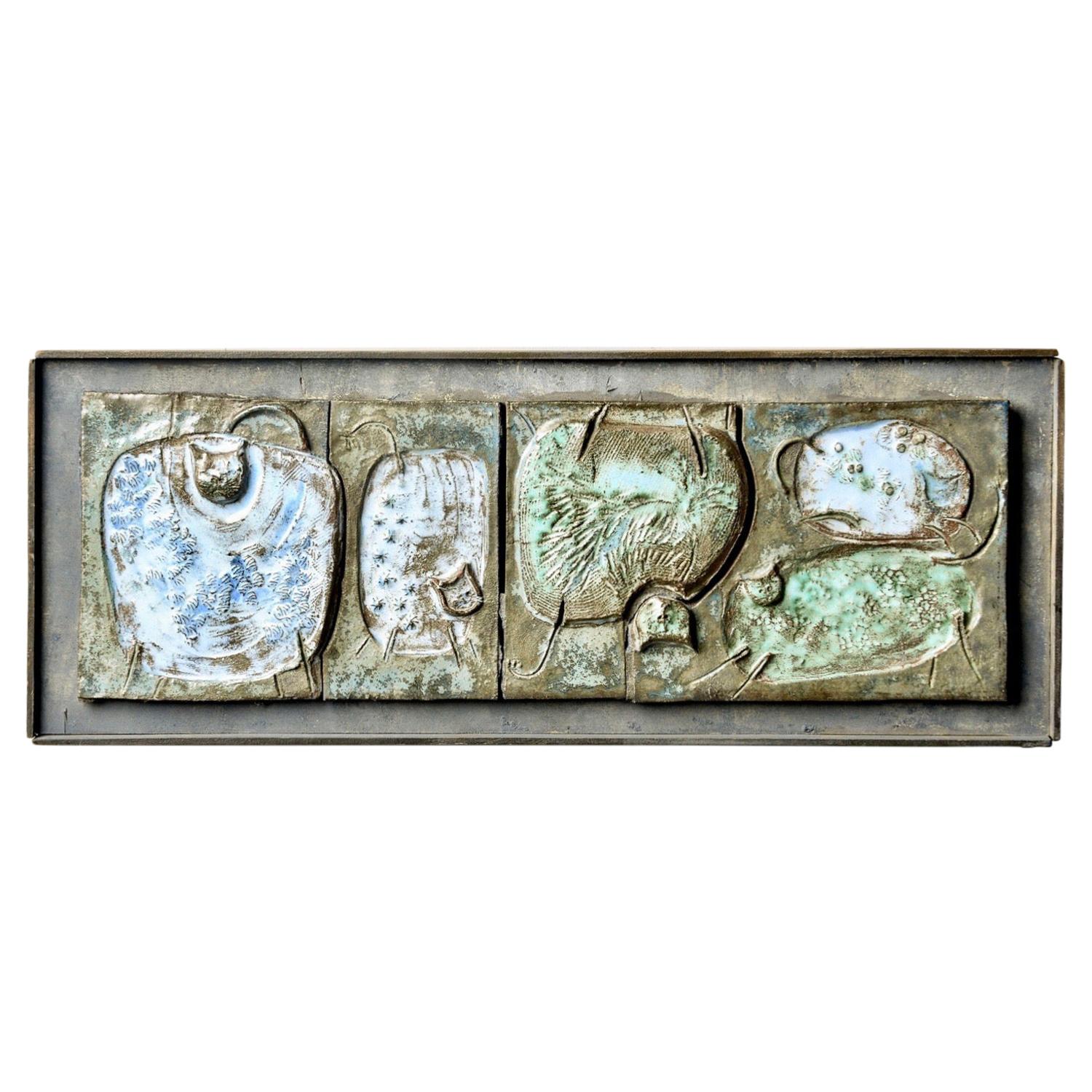 Midcentury Abstract Pottery Plaque with Cats