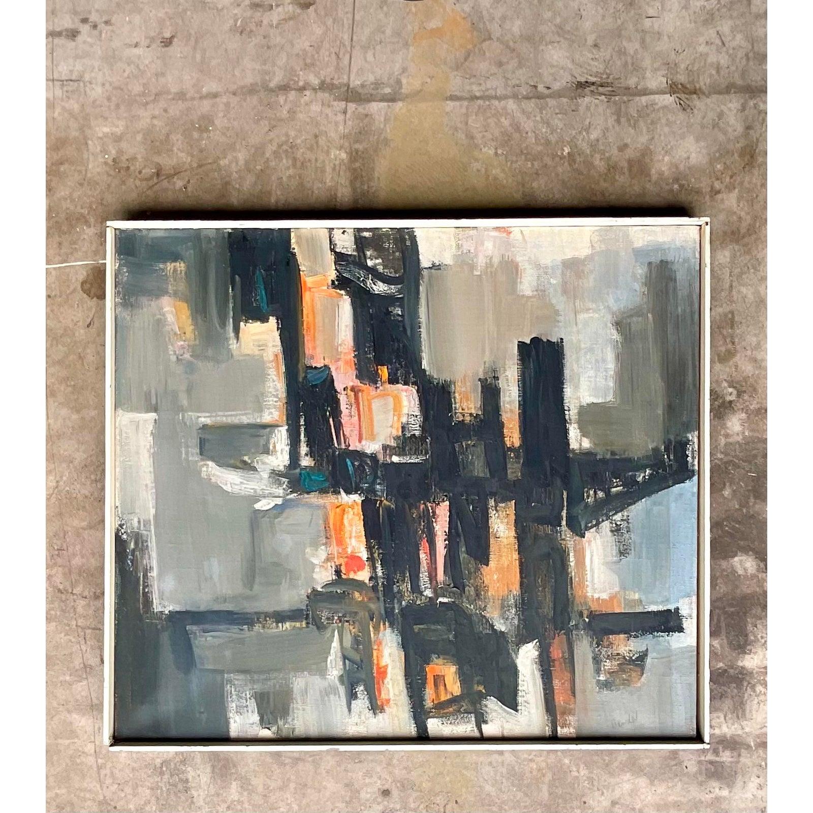 Mid-Century Abstract Signed Original Oil Painting on Canvas In Good Condition In west palm beach, FL