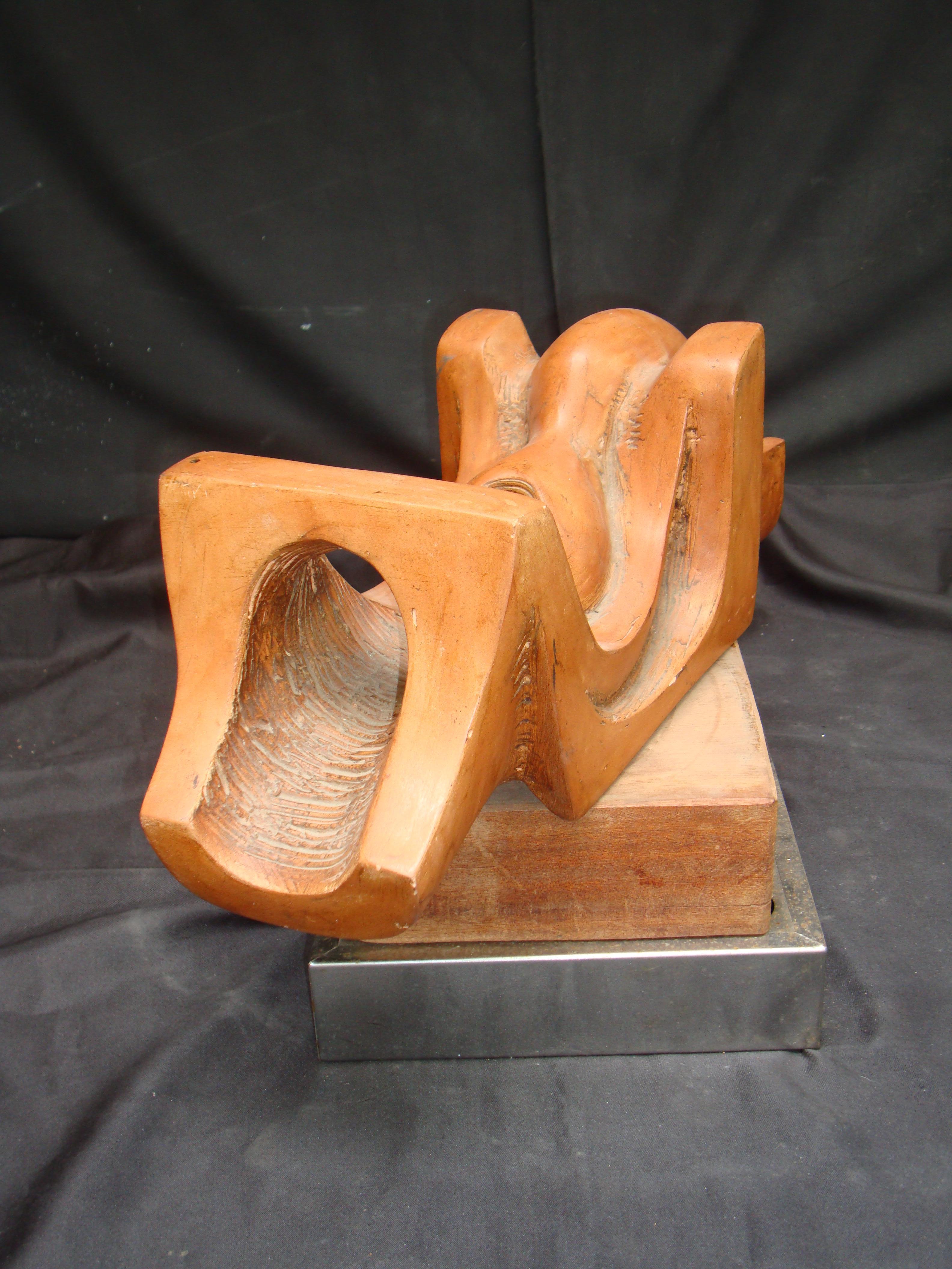 Mid-Century Modern Midcentury Abstract Terracotta Sculpture on Wooden Base For Sale