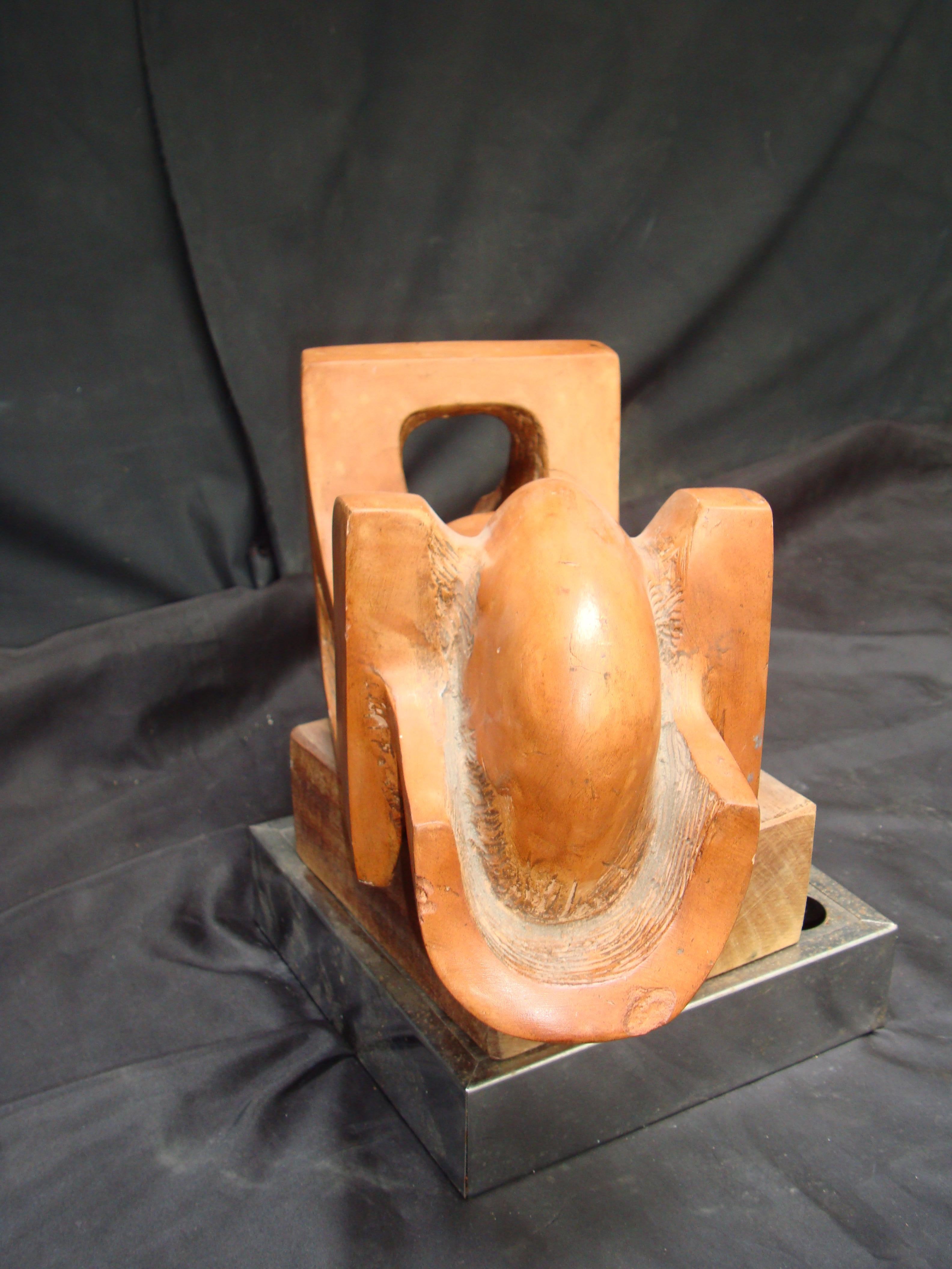 Italian Midcentury Abstract Terracotta Sculpture on Wooden Base For Sale