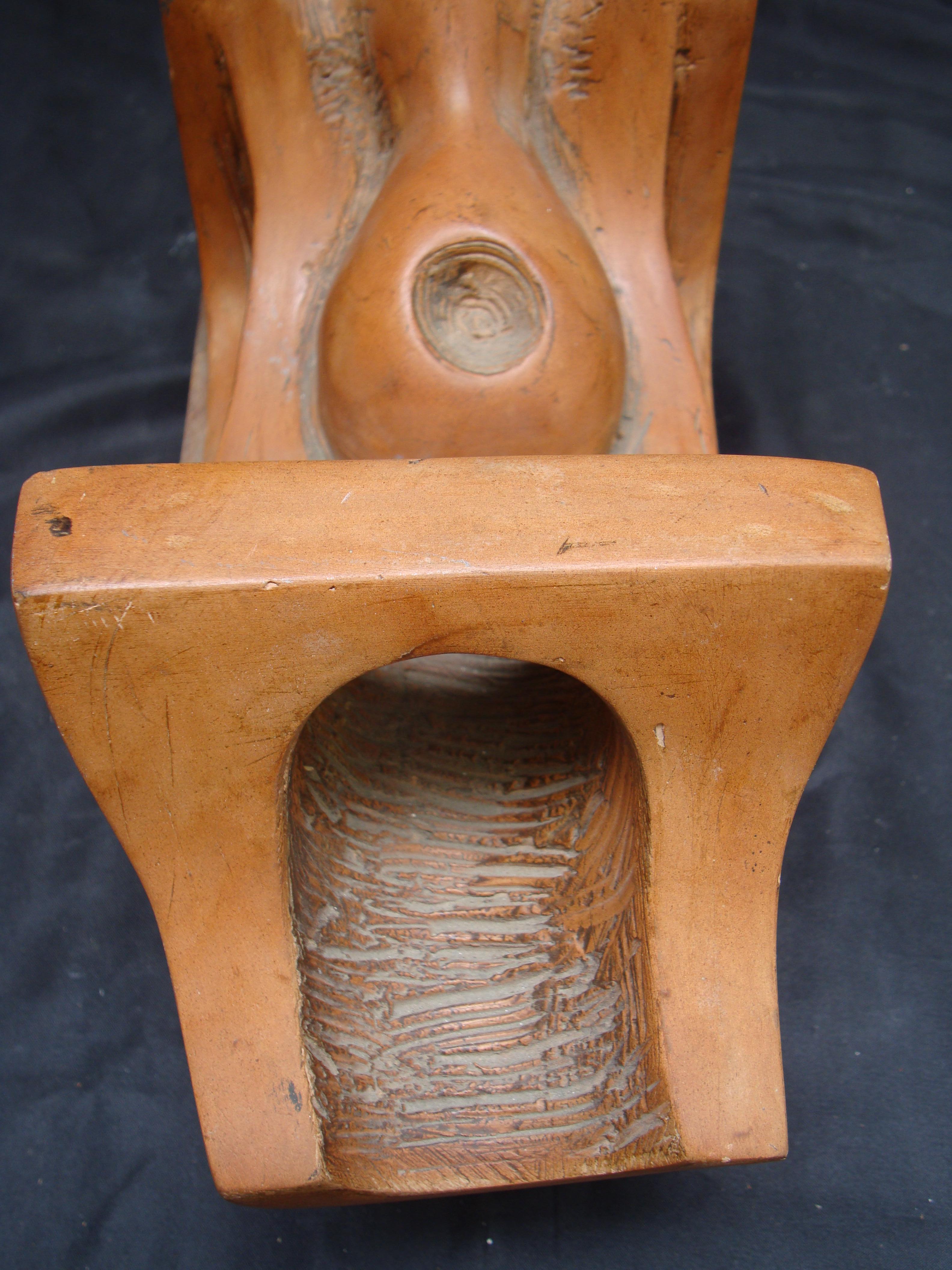 Cement Midcentury Abstract Terracotta Sculpture on Wooden Base For Sale