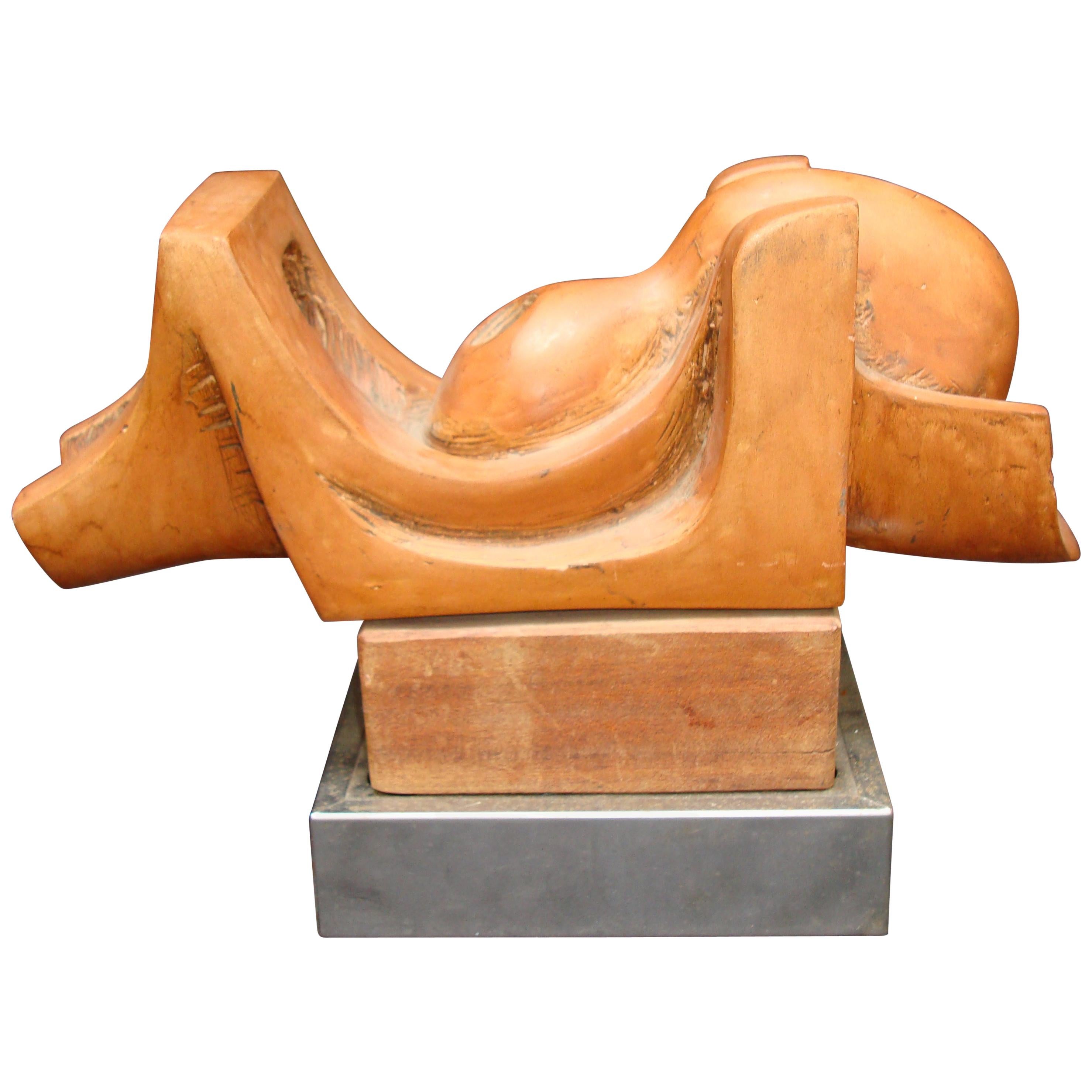 Midcentury Abstract Terracotta Sculpture on Wooden Base For Sale