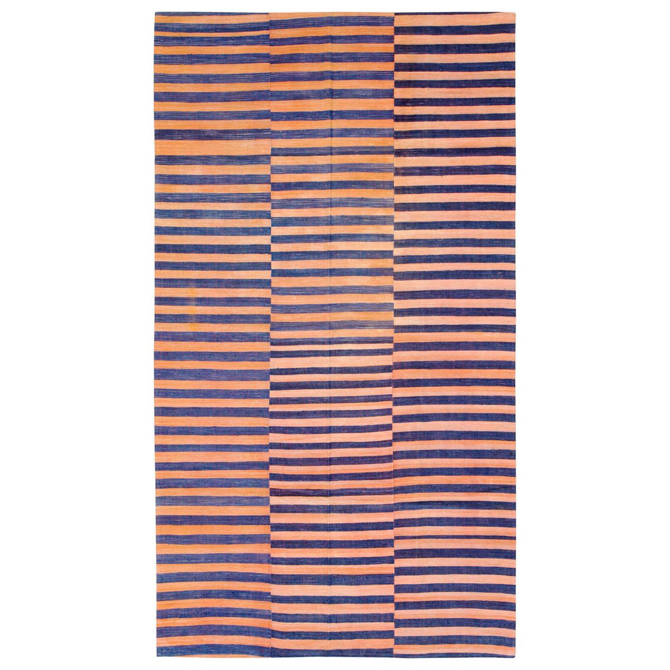 Midcentury Abstract Turkish Handmade Striped Flat-Weave in Persimmon Coral, Blue For Sale
