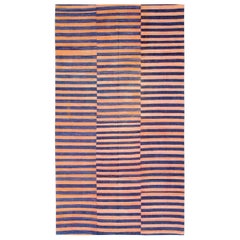 Vintage Midcentury Abstract Turkish Handmade Striped Flat-Weave in Persimmon Coral, Blue