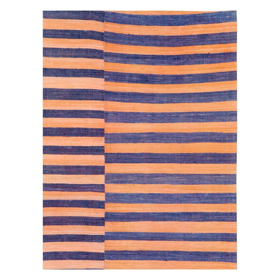 Modern Midcentury Abstract Turkish Handmade Striped Flat-Weave in Persimmon Coral, Blue For Sale