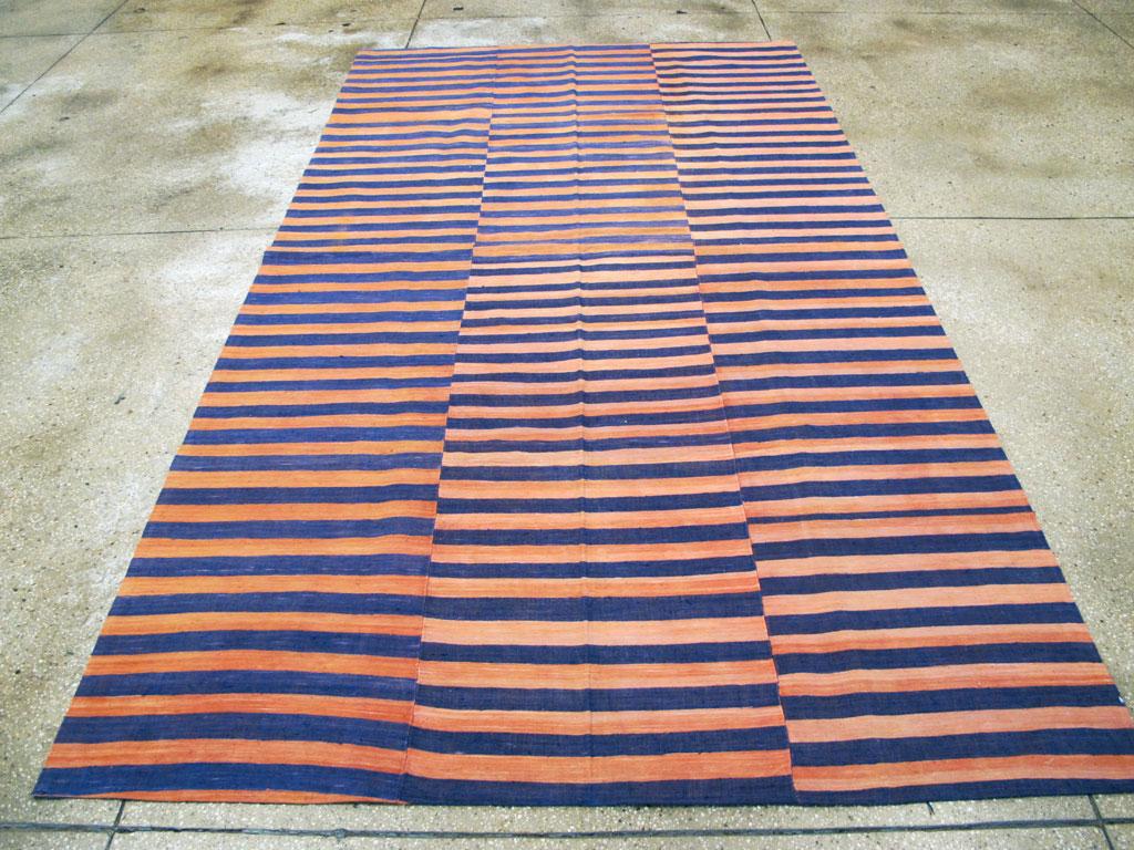 Hand-Woven Midcentury Abstract Turkish Handmade Striped Flat-Weave in Persimmon Coral, Blue For Sale