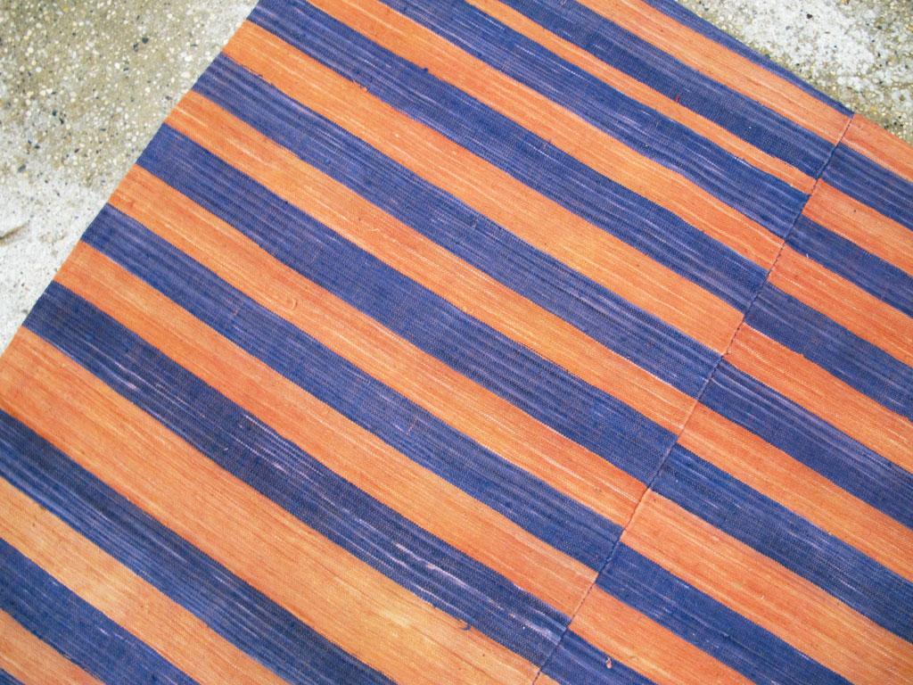 20th Century Midcentury Abstract Turkish Handmade Striped Flat-Weave in Persimmon Coral, Blue For Sale