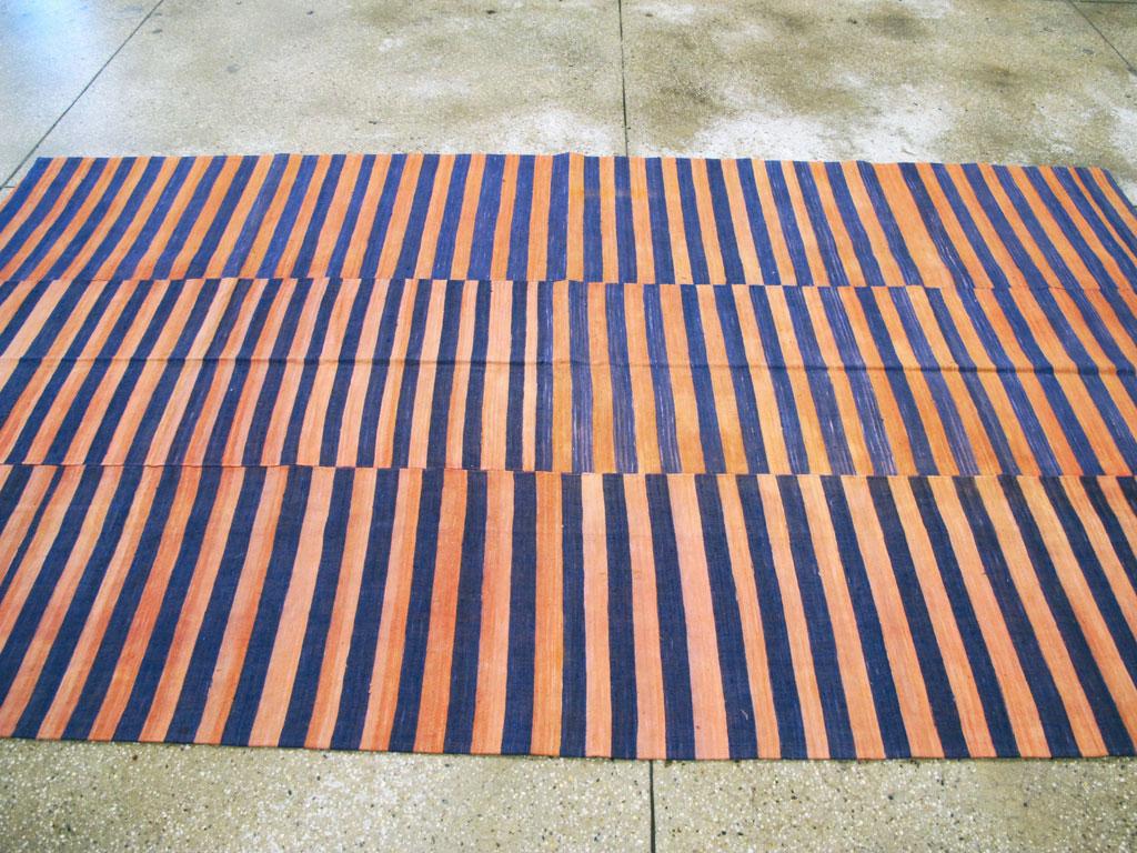 Wool Midcentury Abstract Turkish Handmade Striped Flat-Weave in Persimmon Coral, Blue For Sale