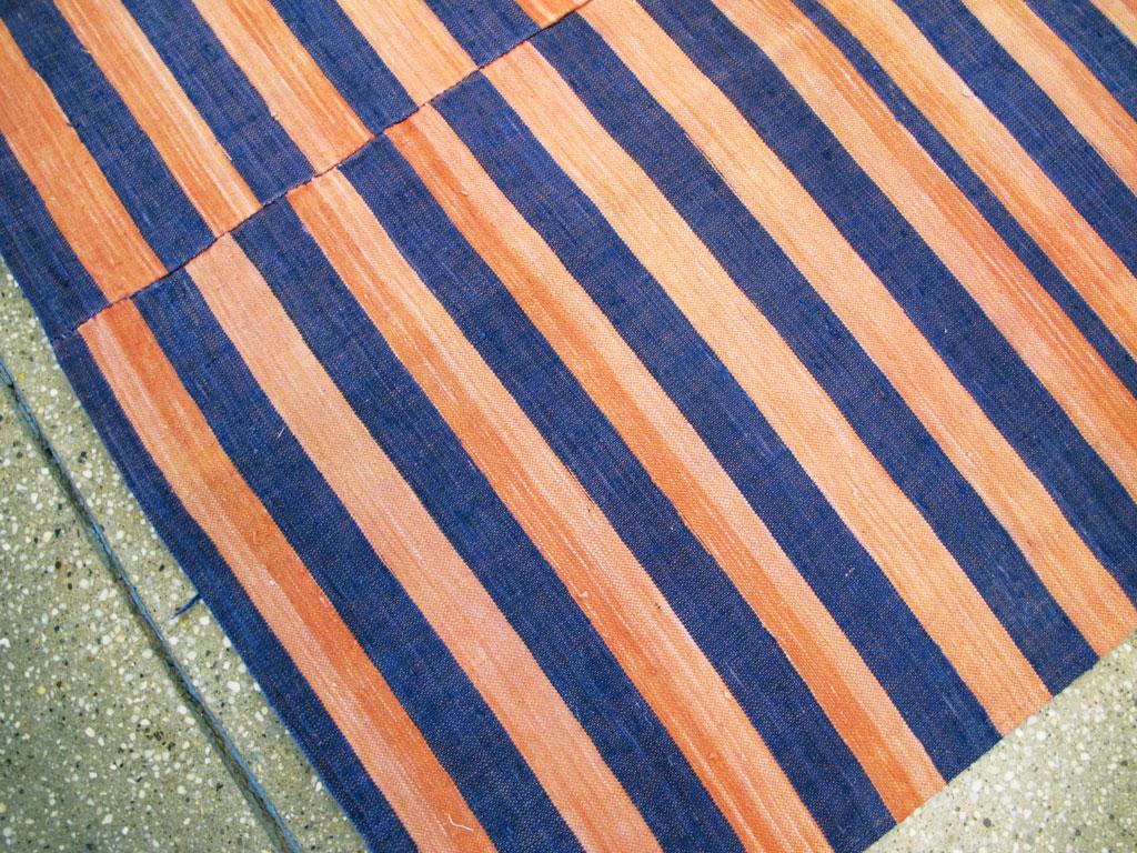 Midcentury Abstract Turkish Handmade Striped Flat-Weave in Persimmon Coral, Blue For Sale 1