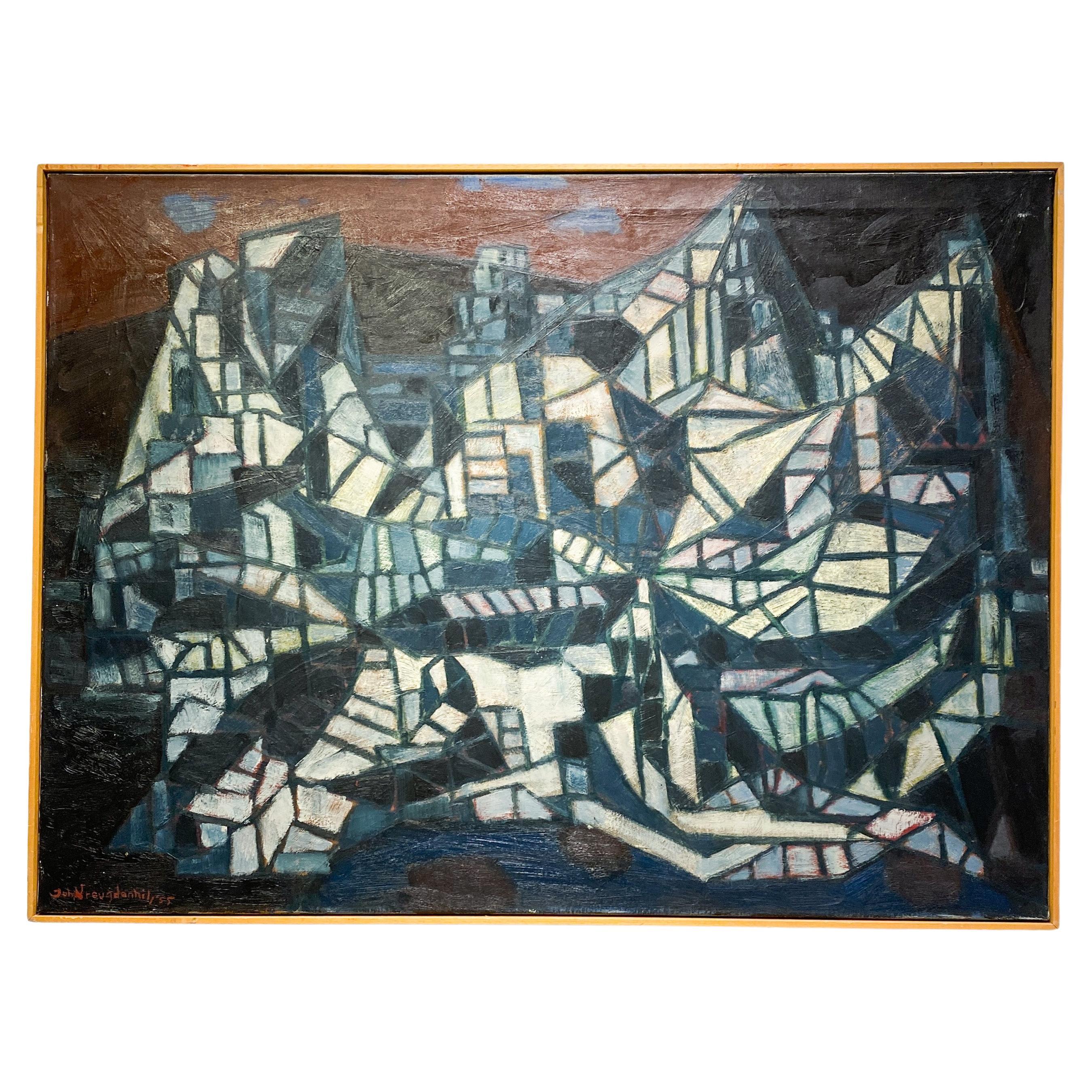 Huile abstraite sur toile de Vreugdenhil du milieu du siècle, hollandaise, années 1950, signée et datée